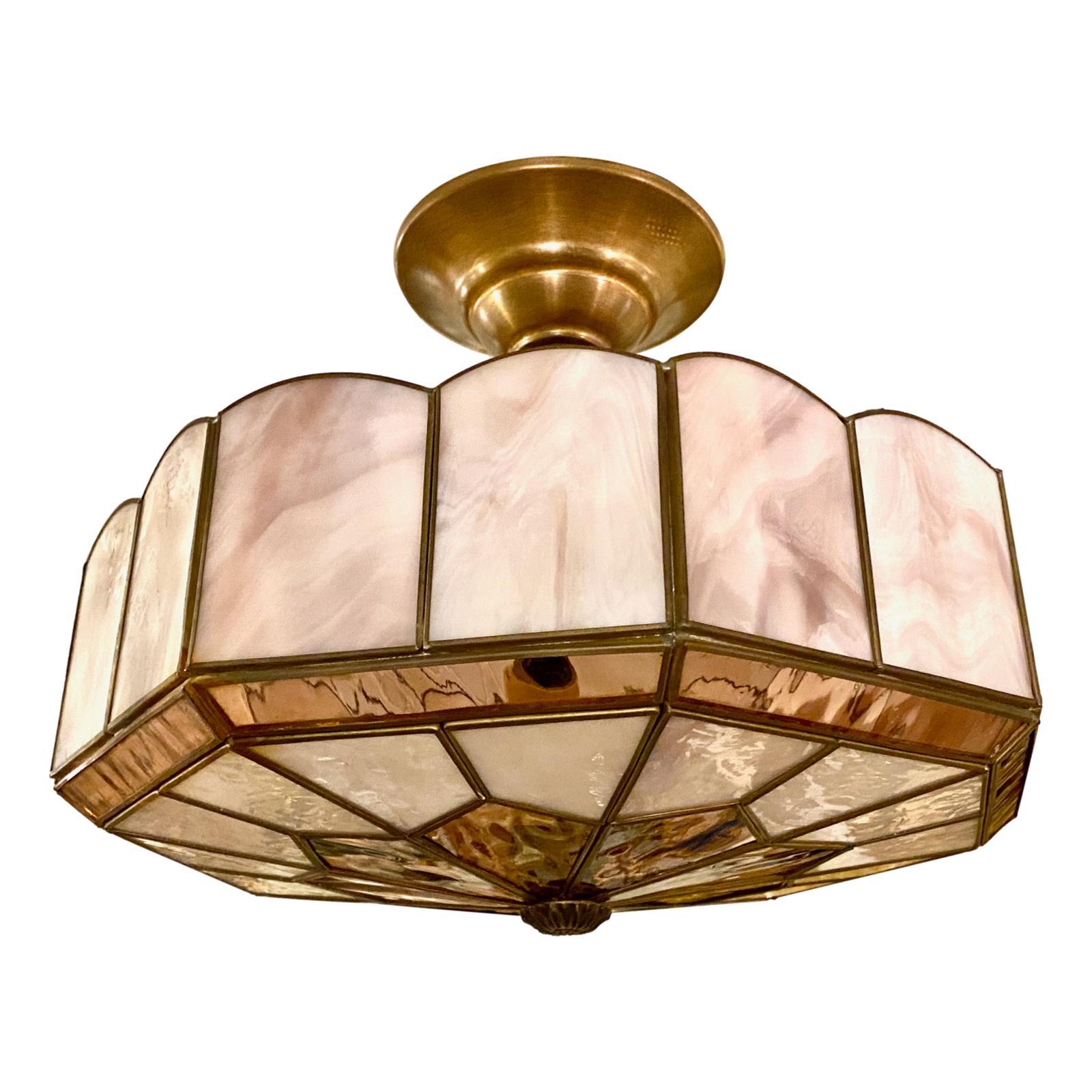 Mid Century French Leaded Glass Light Fixture For Sale 1