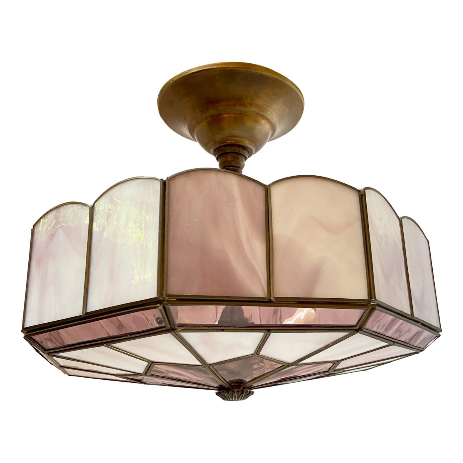 Mid Century French Leaded Glass Light Fixture For Sale