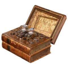 Mid-Century French Leather Book Liquor Box with 6 Shot Cordials and 2 Carafes