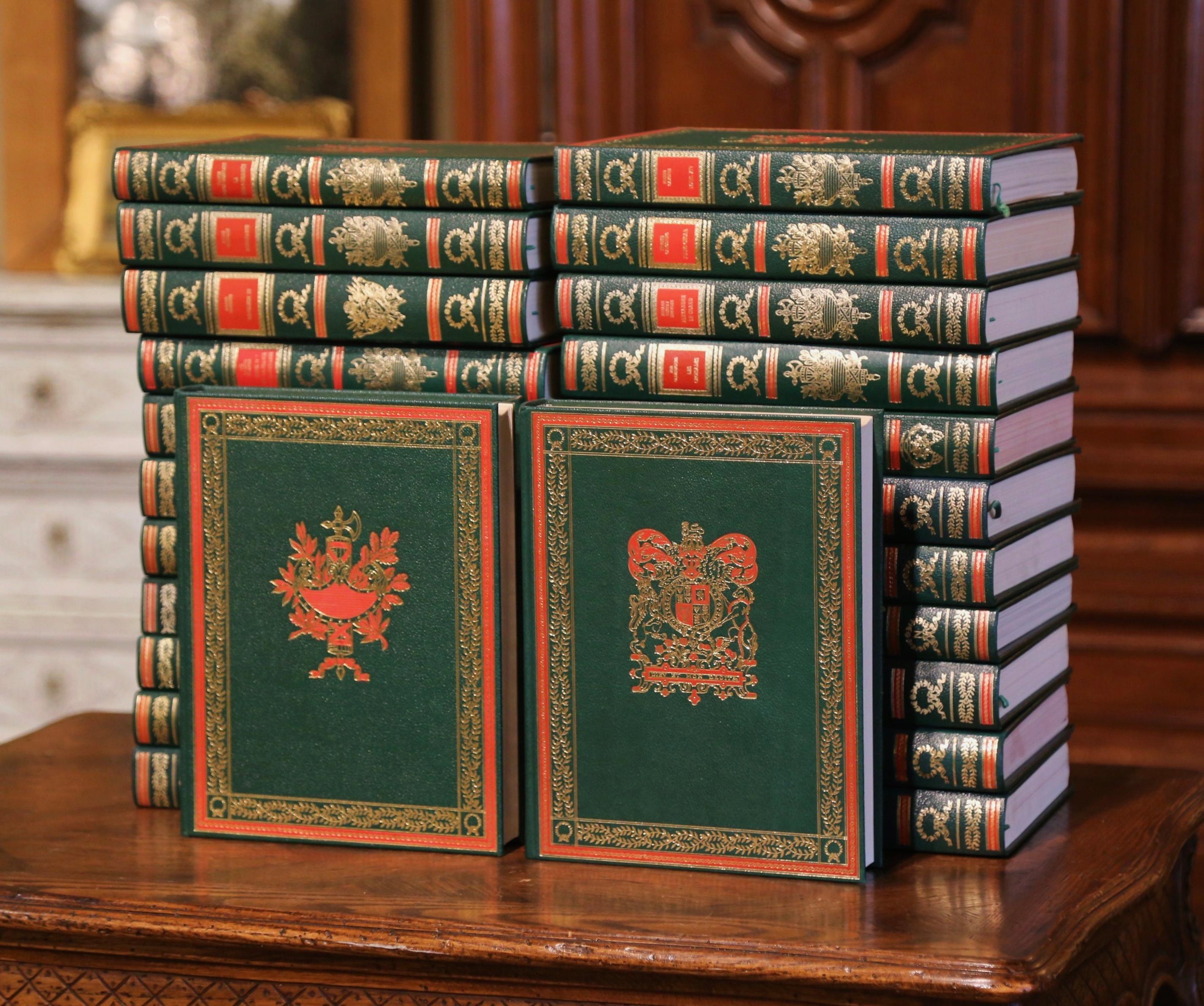 Decorate a study bookcase or a library with this elegant set of French books; published circa 1975 across Europe in places like Geneva, Switzerland and Neuilly-sur-Seine, France, each book has an elegant green leather bound cover with gilt and red