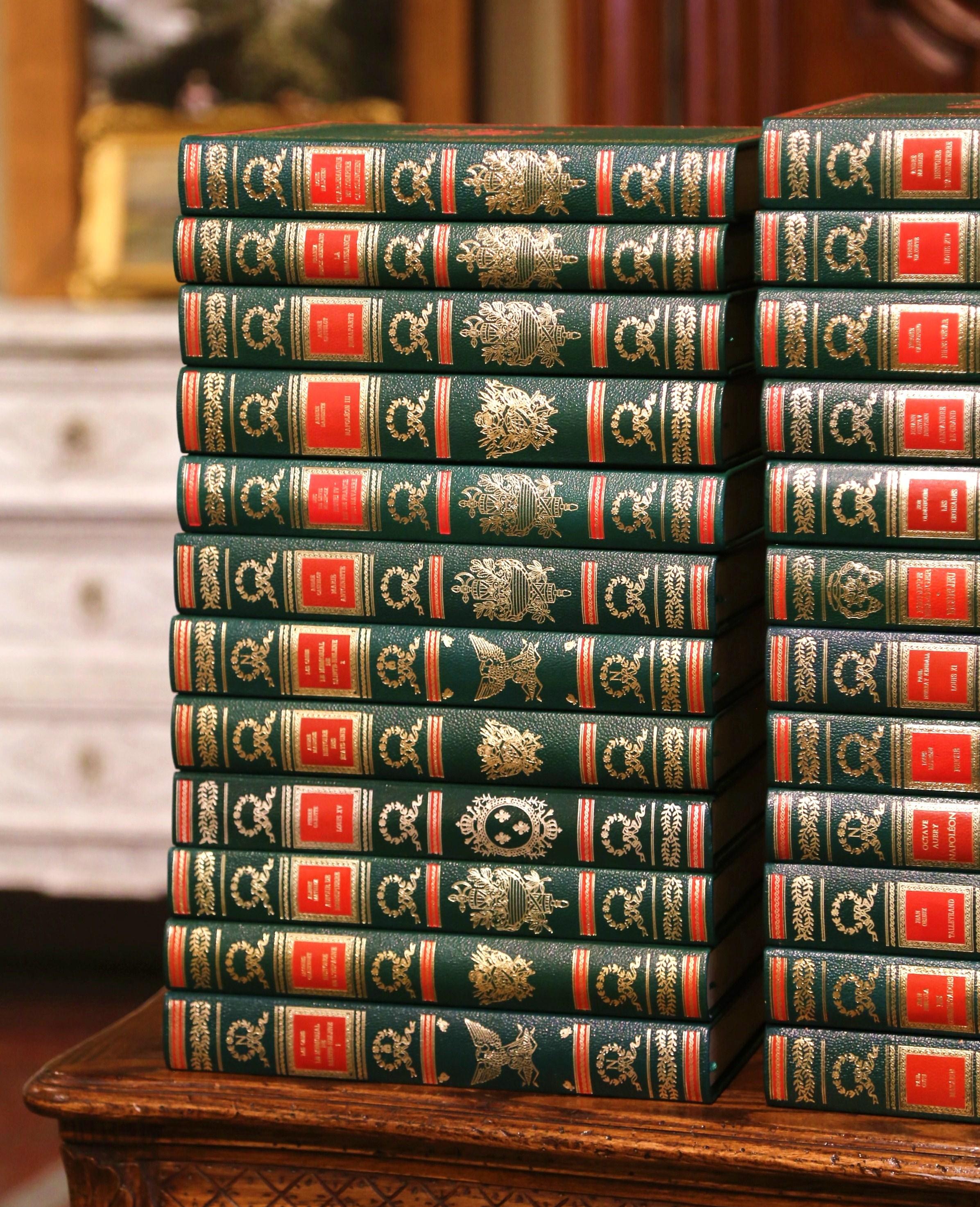 Patinated Mid-Century French Leather Bound Gilt Embossed Books Complete Work, Set of 24 For Sale