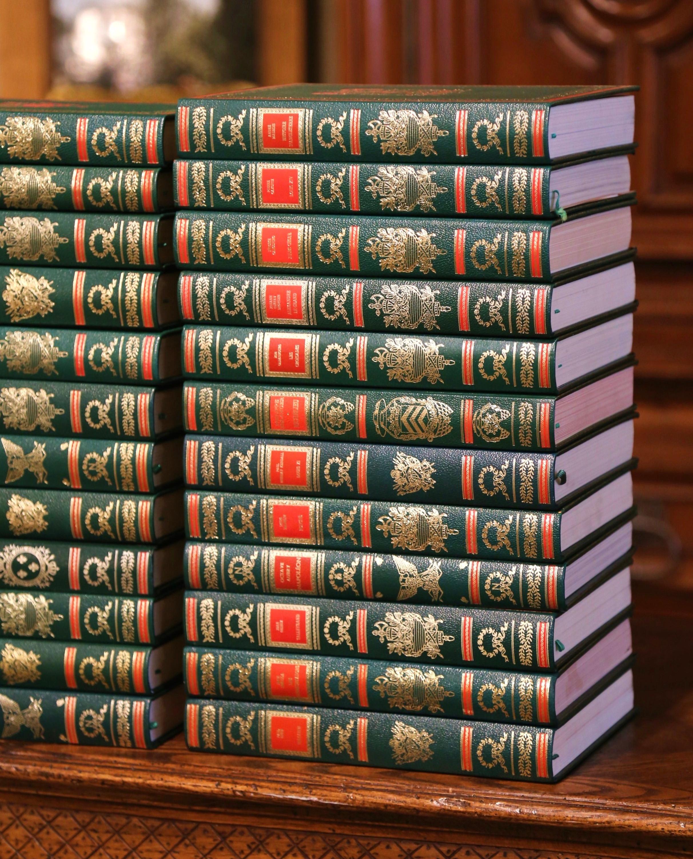 Mid-Century French Leather Bound Gilt Embossed Books Complete Work, Set of 24 In Excellent Condition For Sale In Dallas, TX