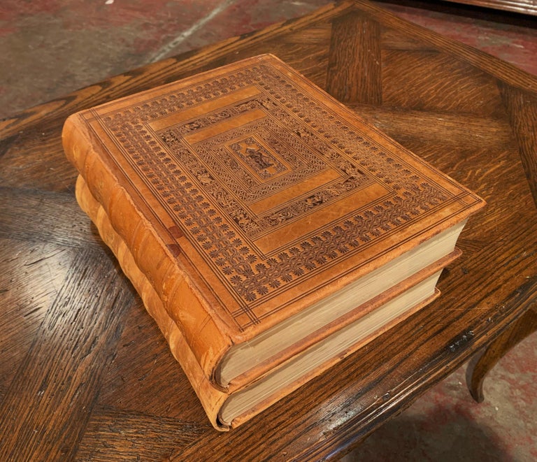 Midcentury French Leather Bound TwoVolume Holy Bible Dated 1953 For Sale at 1stdibs