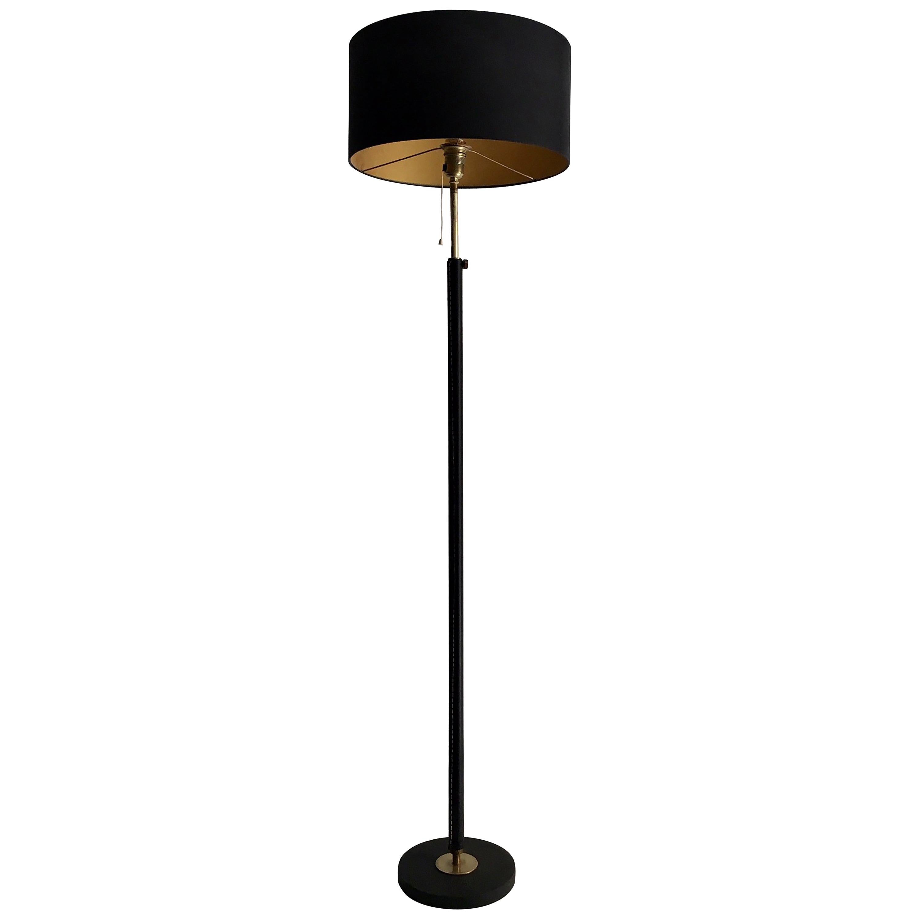 Midcentury French Leather Floor Lamp, Jacques Adnet Style
