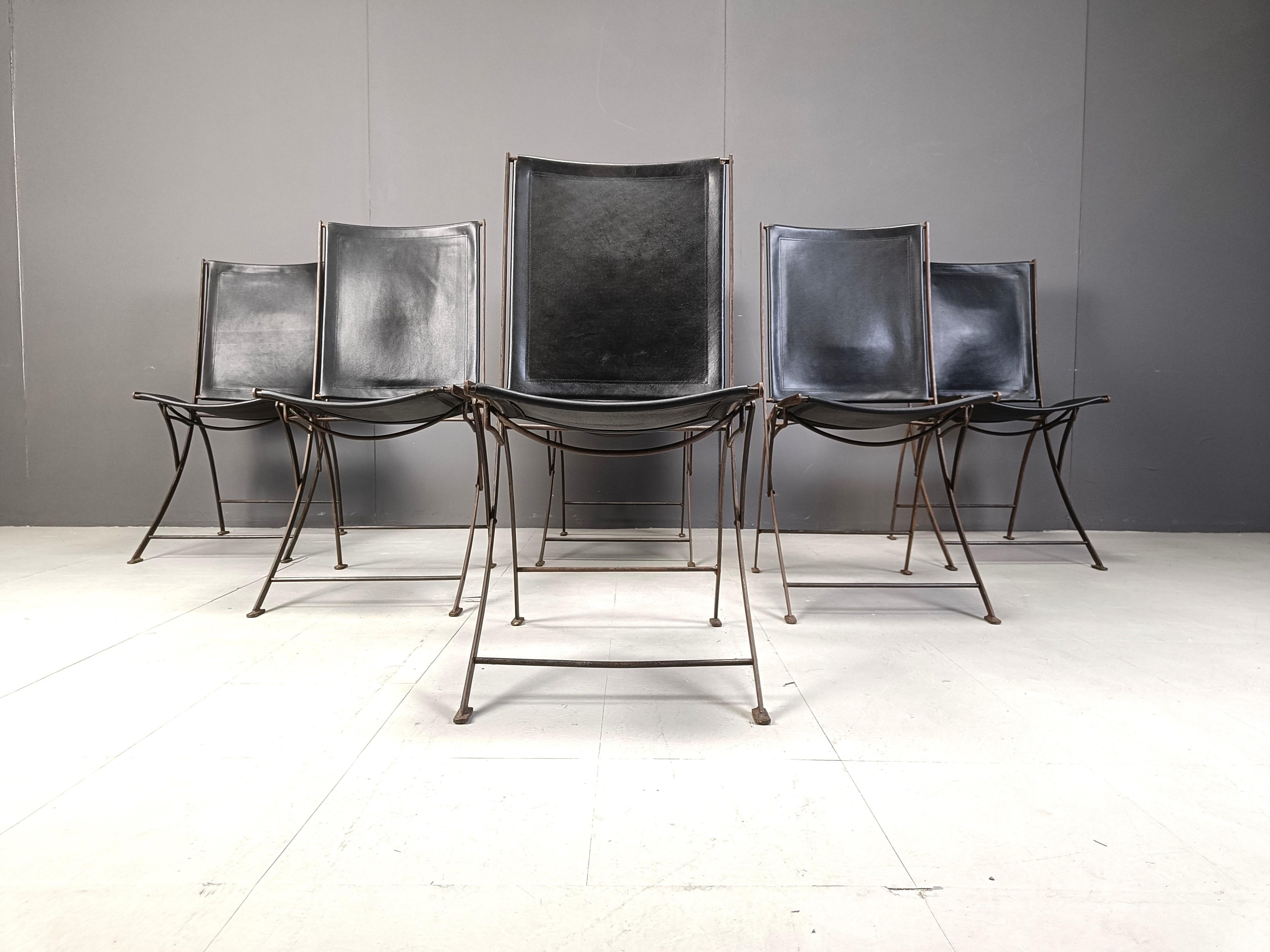 French Mid century french leather foldable chairs, 1960s
