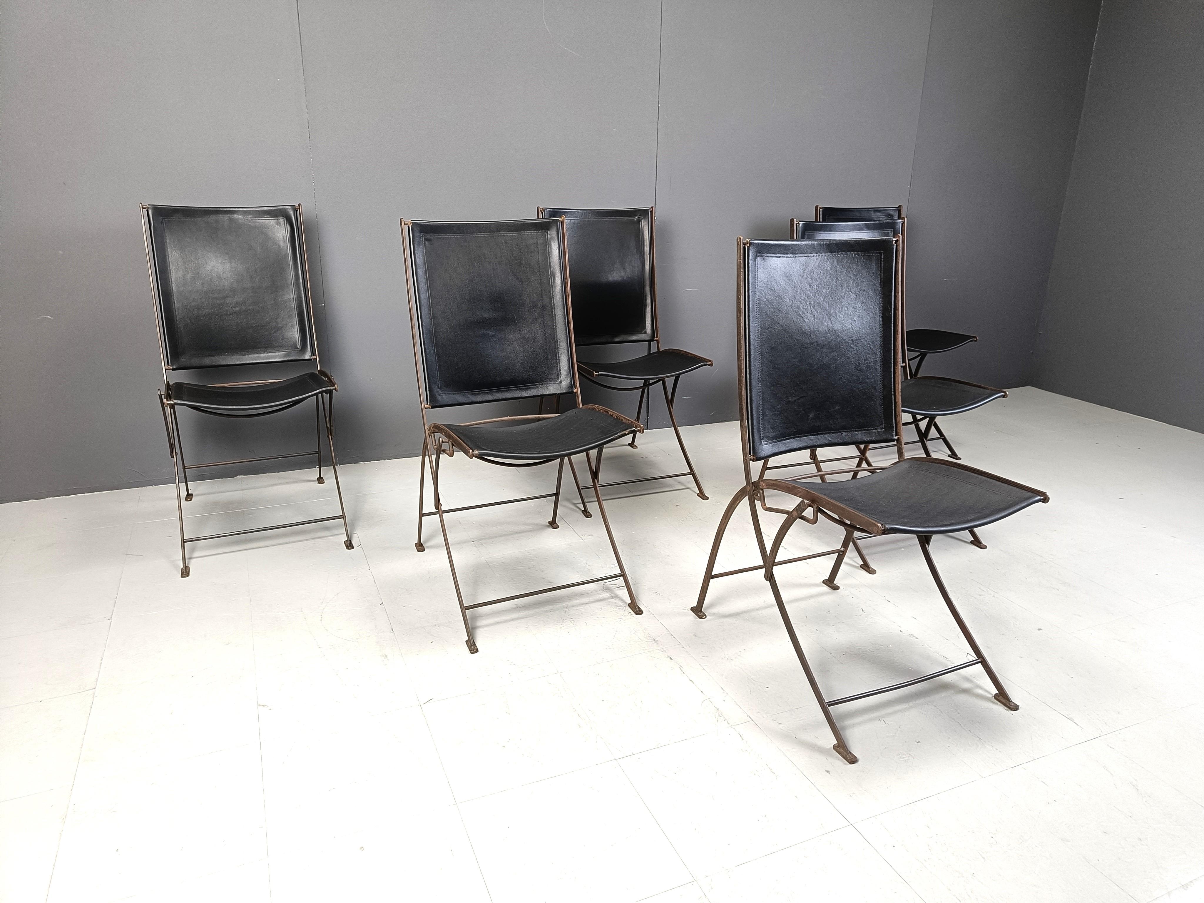 Mid-20th Century Mid century french leather foldable chairs, 1960s