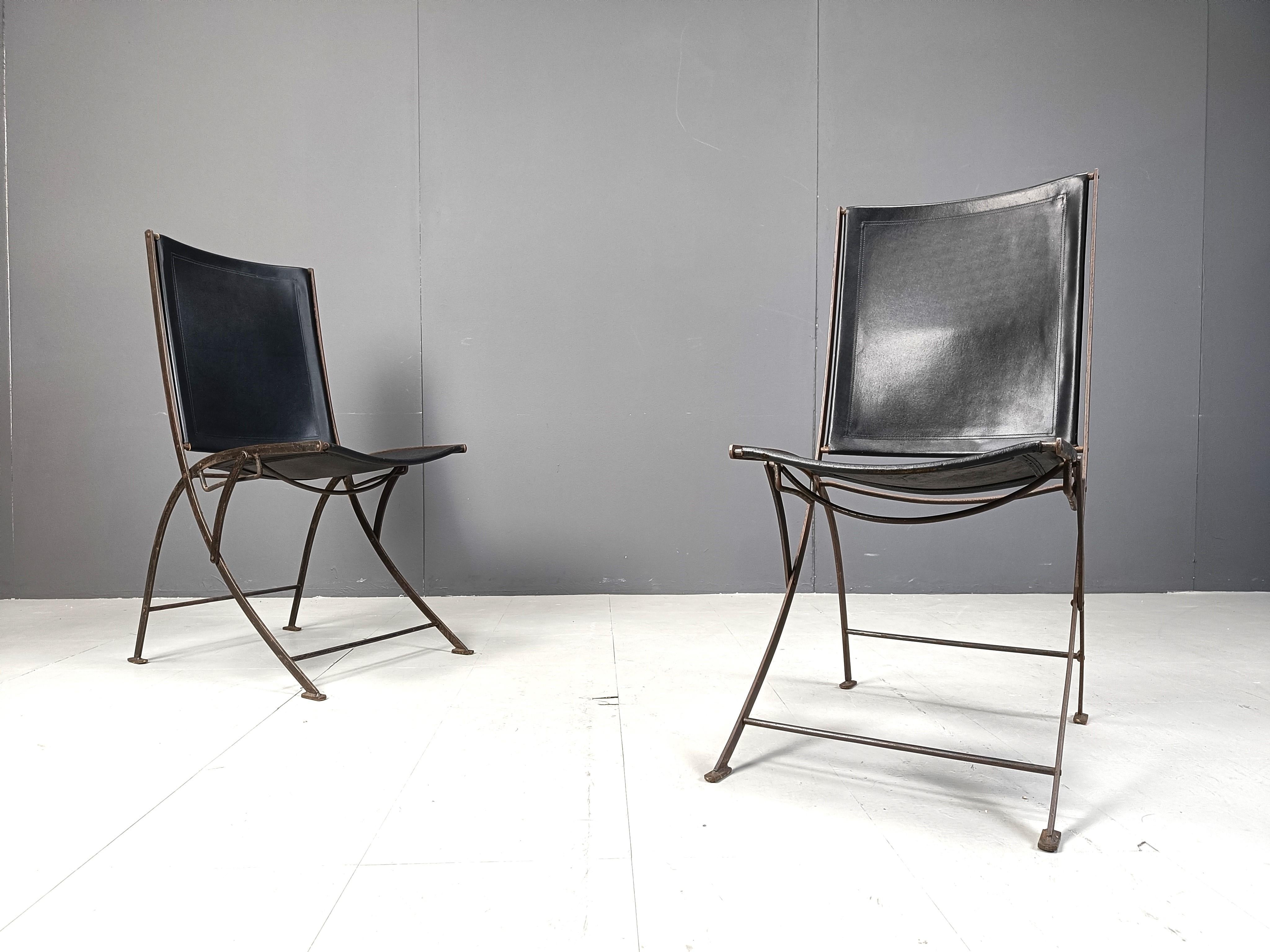 Metal Mid century french leather foldable chairs, 1960s