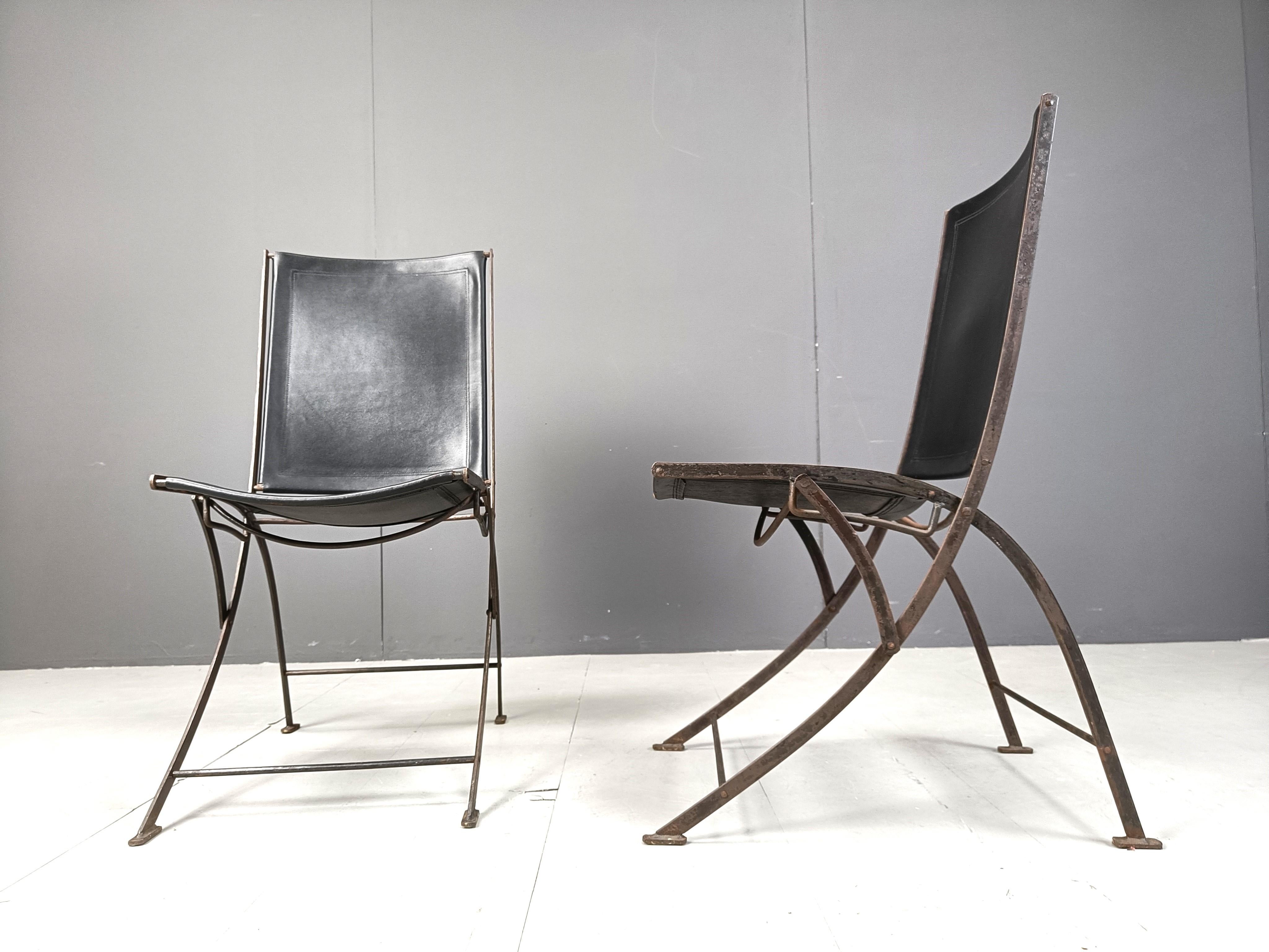 Mid century french leather foldable chairs, 1960s 1