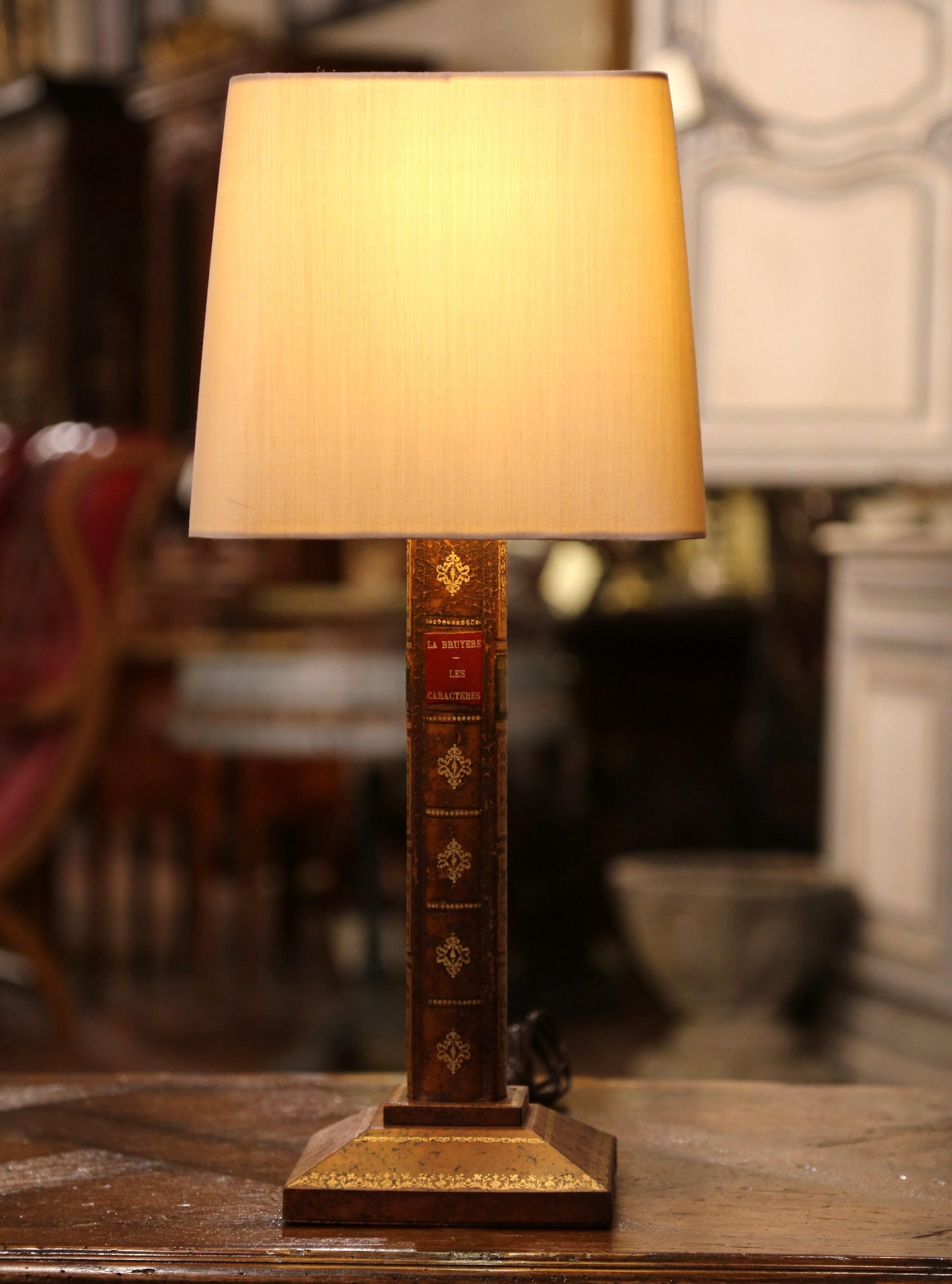 Patinated Midcentury French Leather Table Lamp Base with Shade For Sale