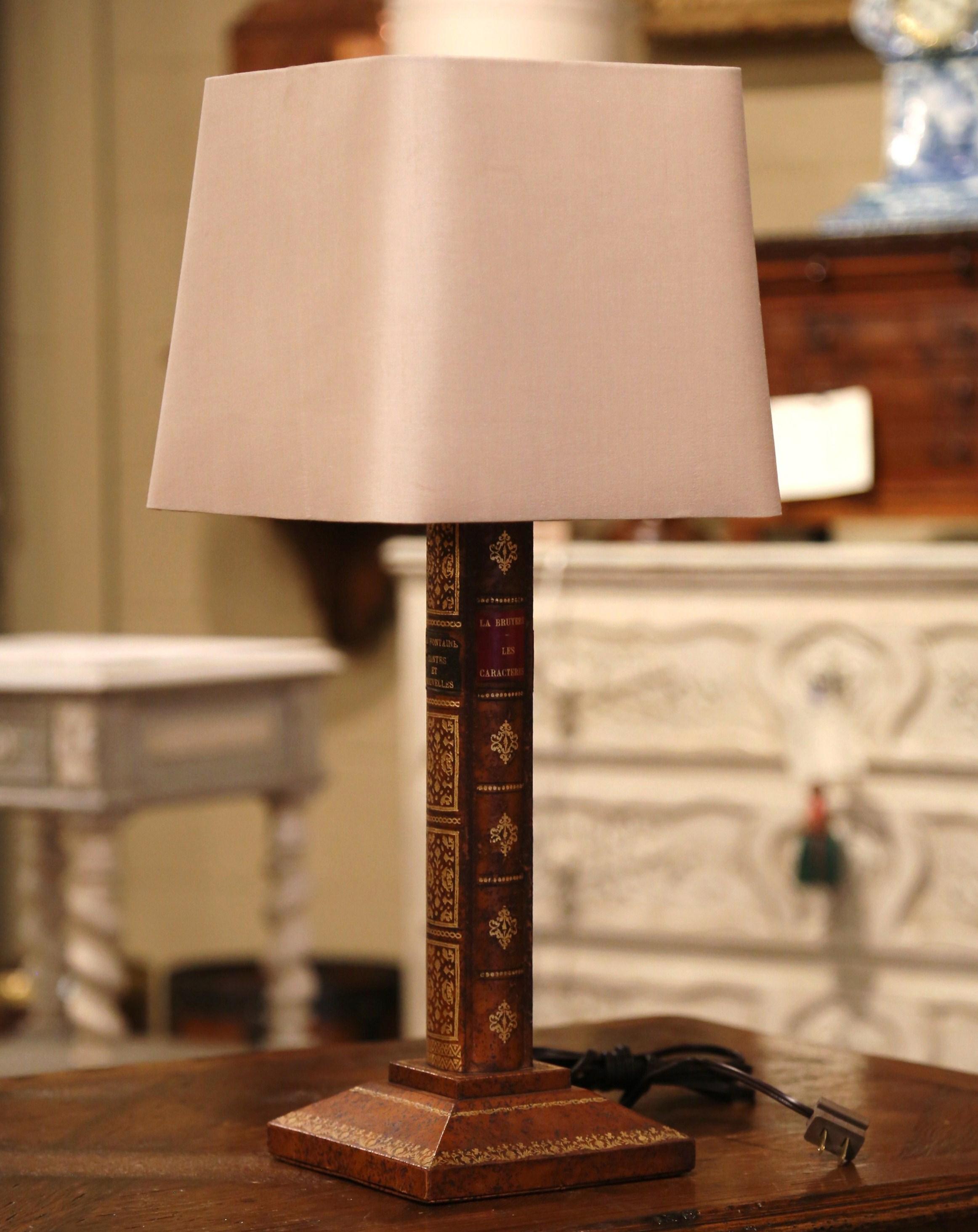 Midcentury French Leather Table Lamp Base with Shade In Excellent Condition For Sale In Dallas, TX