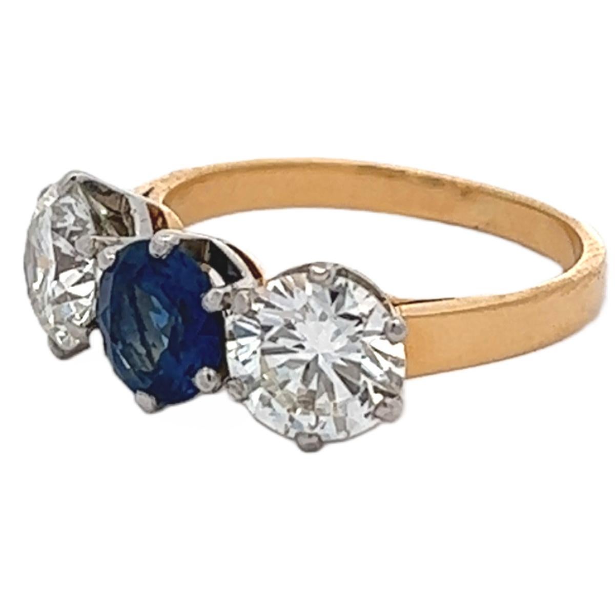 Women's or Men's Midcentury French LFG Diamonds Sapphire 18k Gold Three Stone Ring