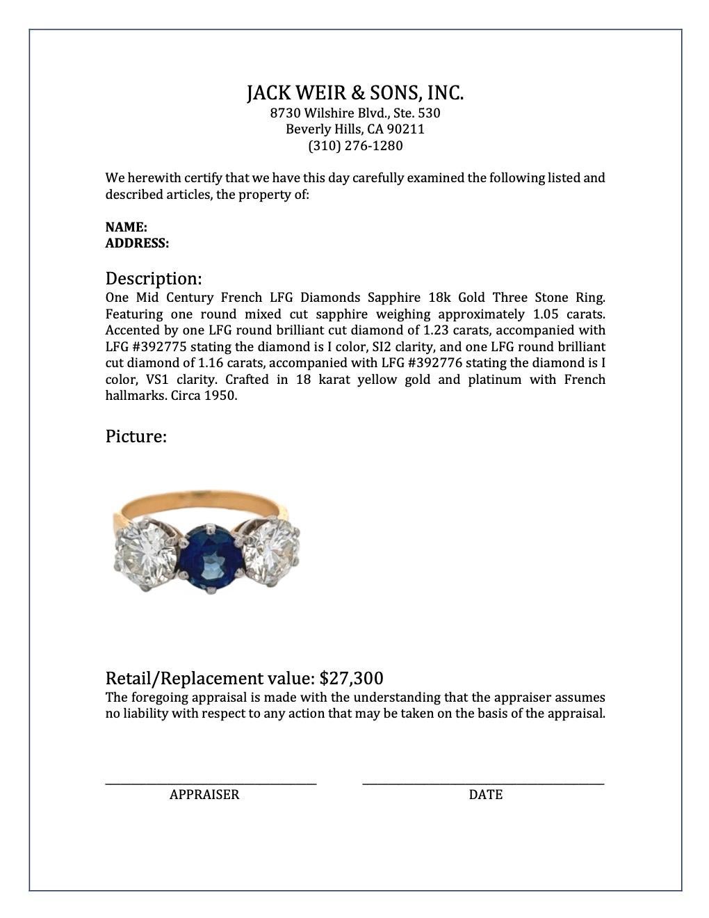 Midcentury French LFG Diamonds Sapphire 18k Gold Three Stone Ring 4
