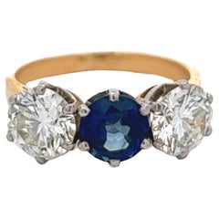 Midcentury French LFG Diamonds Sapphire 18k Gold Three Stone Ring