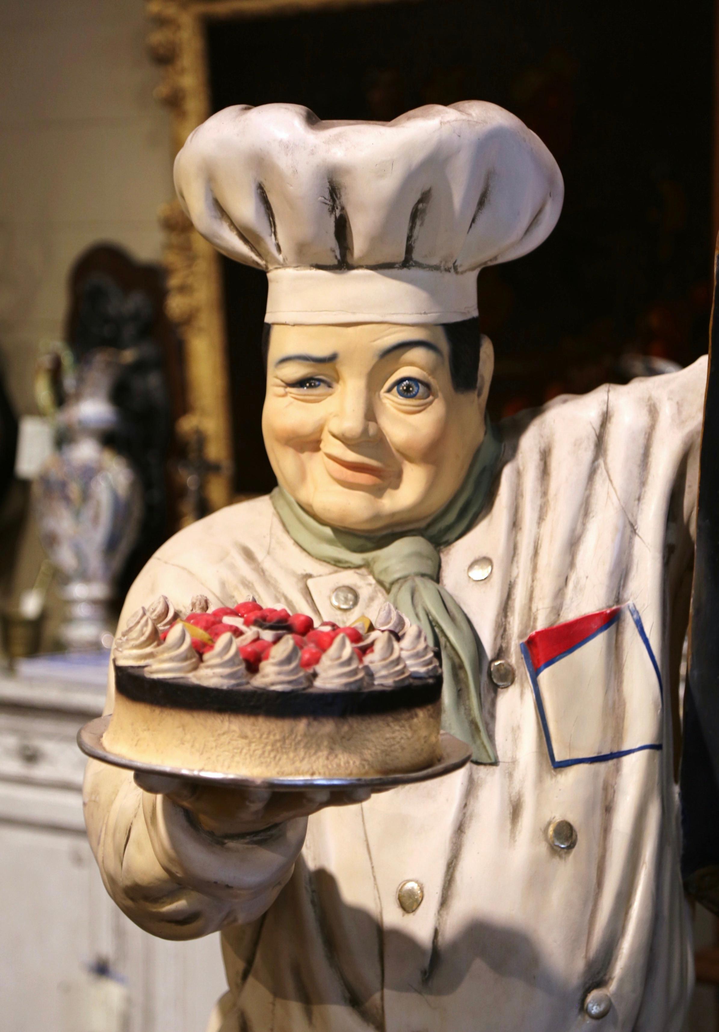 American Mid-Century French Life Size Fiberglass Chef Baker Statue Holding Cake