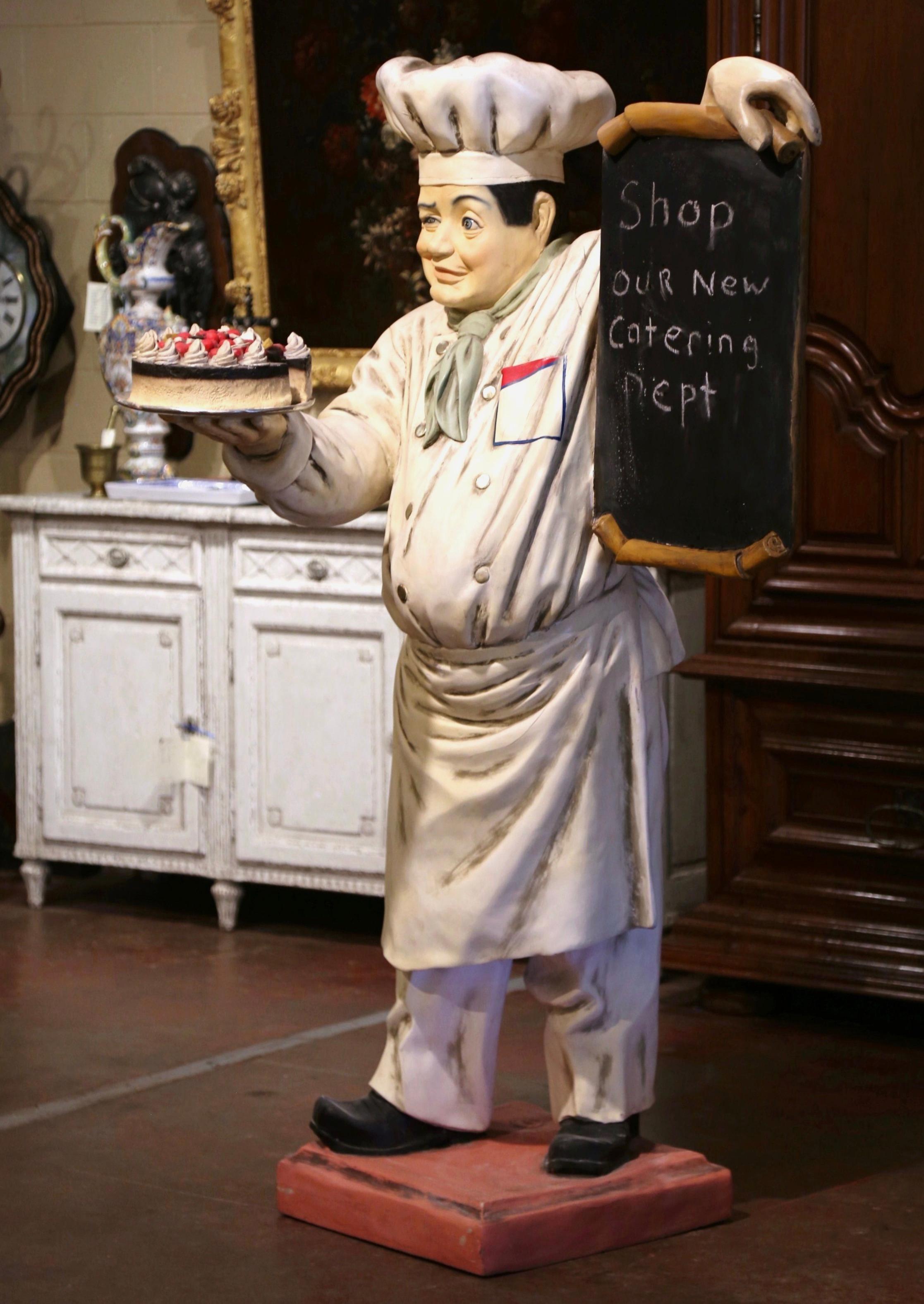 Mid-Century French Life Size Fiberglass Chef Baker Statue Holding Cake In Excellent Condition In Dallas, TX