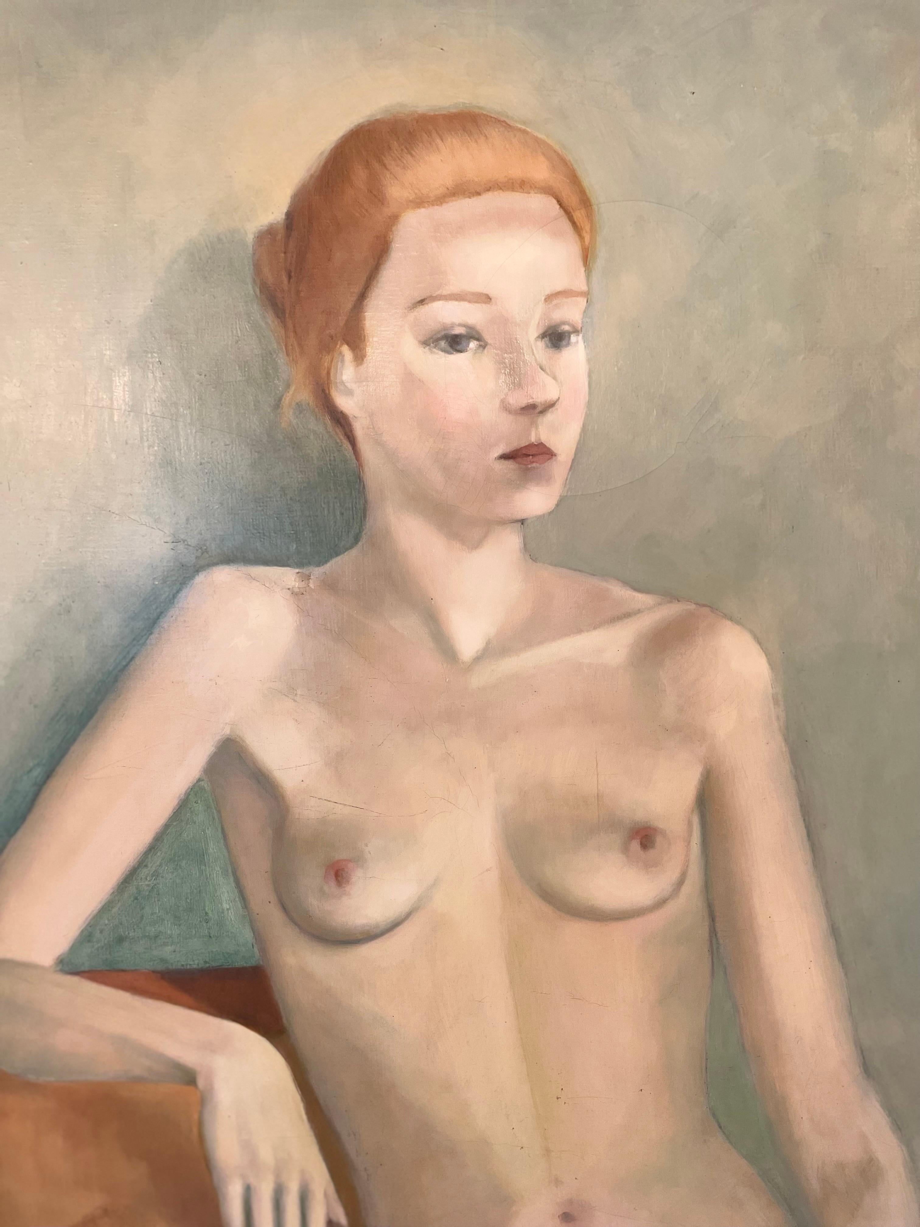 A layer of mystique surrounds this life-size nude painting of a beautiful redheaded lady, acquired from an Estate in France. It is signed twice on the reverse, 'Fin