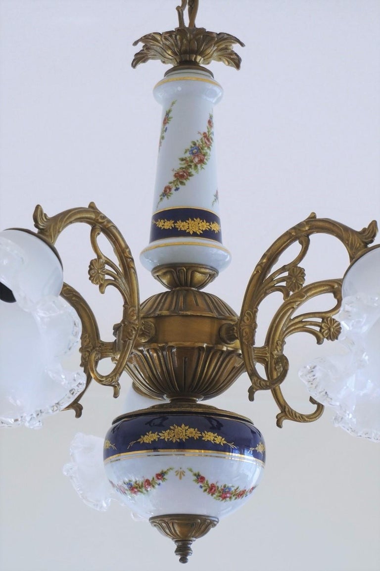 Midcentury French Limoges Porcelain and Murano Glass FiveLight