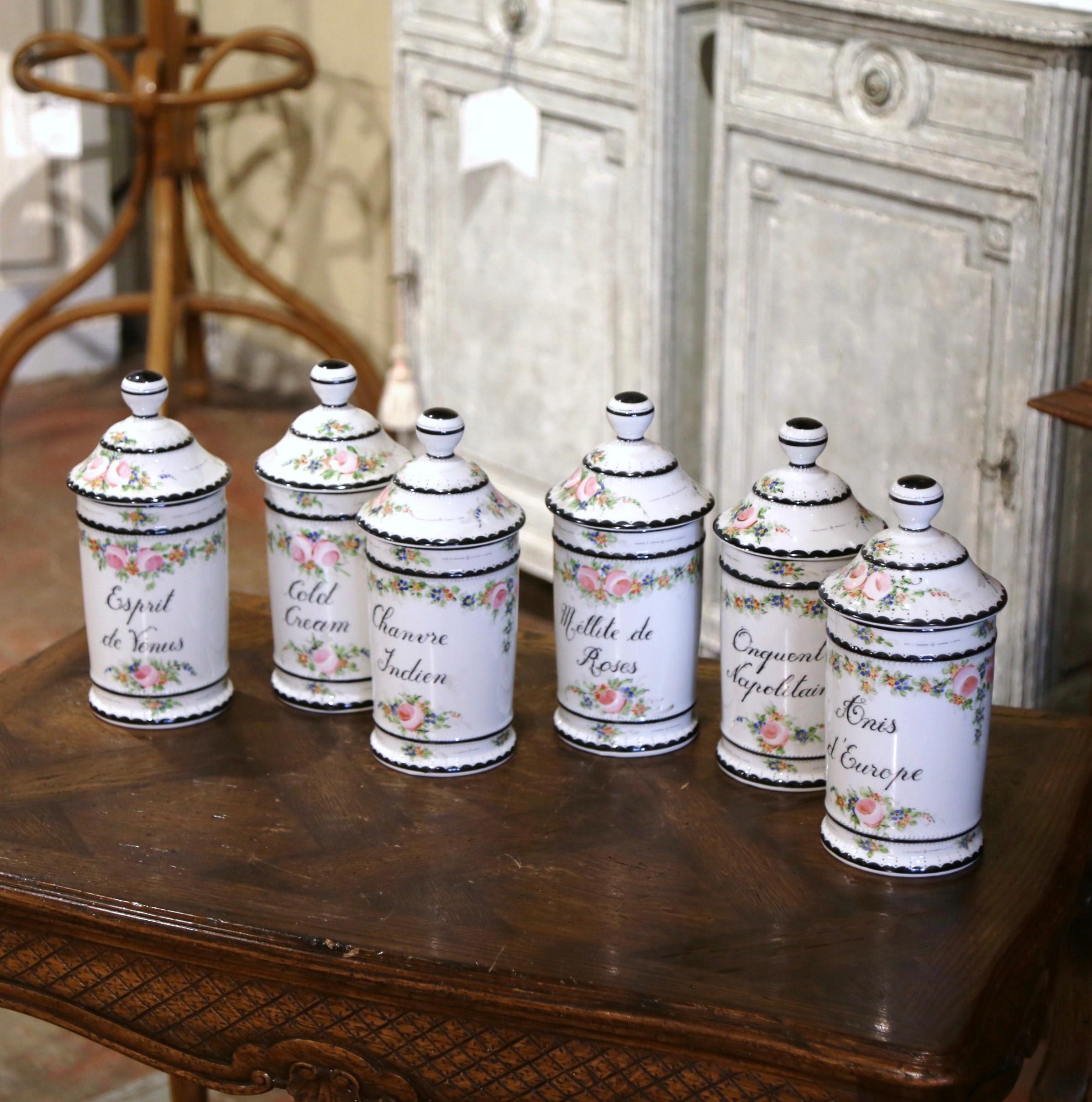 Hand-Painted Midcentury French Limoges Porcelain Apothecary or Pharmacy Jars, Set of 6