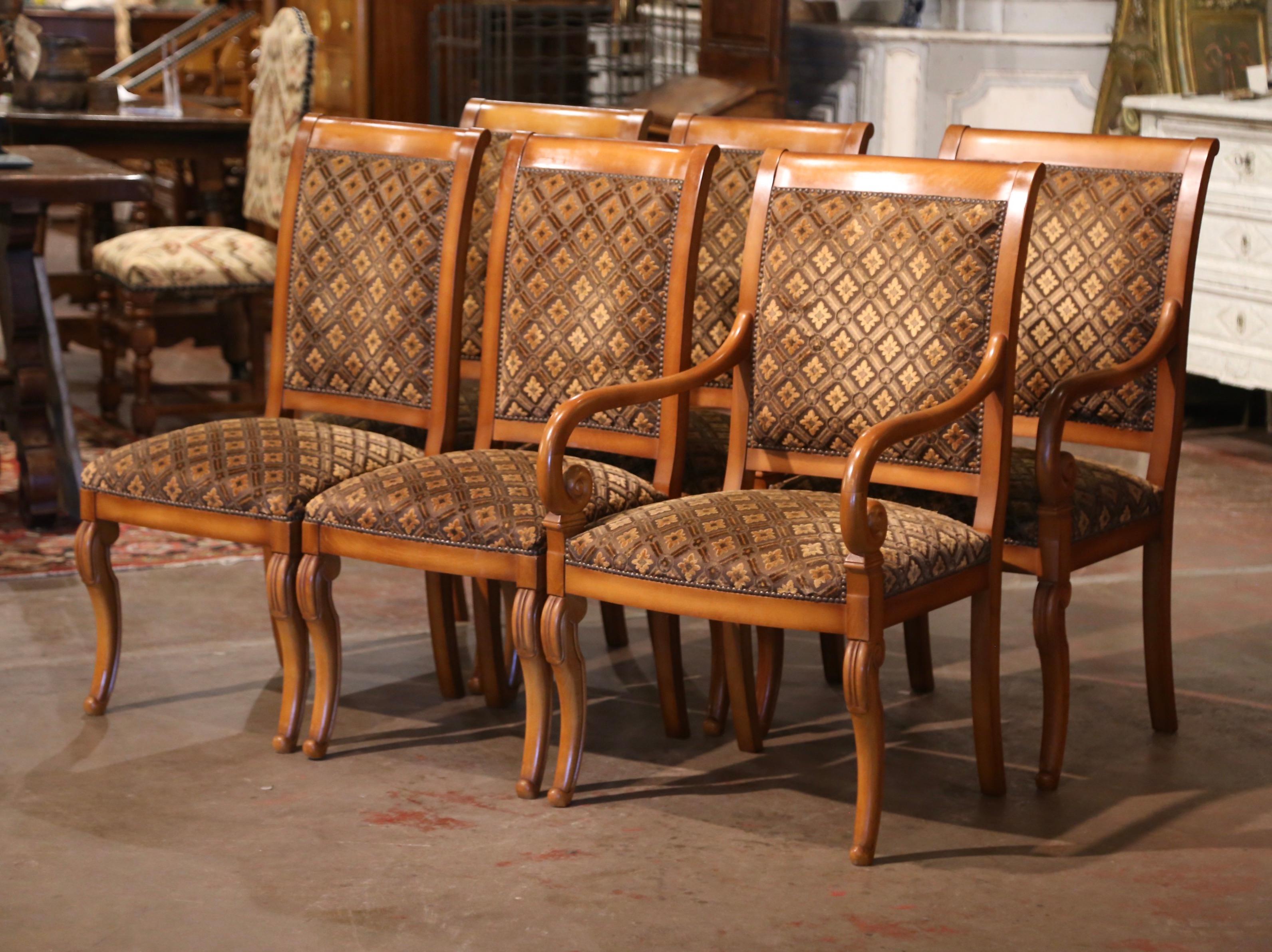 Fabric Mid-Century French Louis Philippe Carved Walnut Chairs and Armchairs-Set of Six