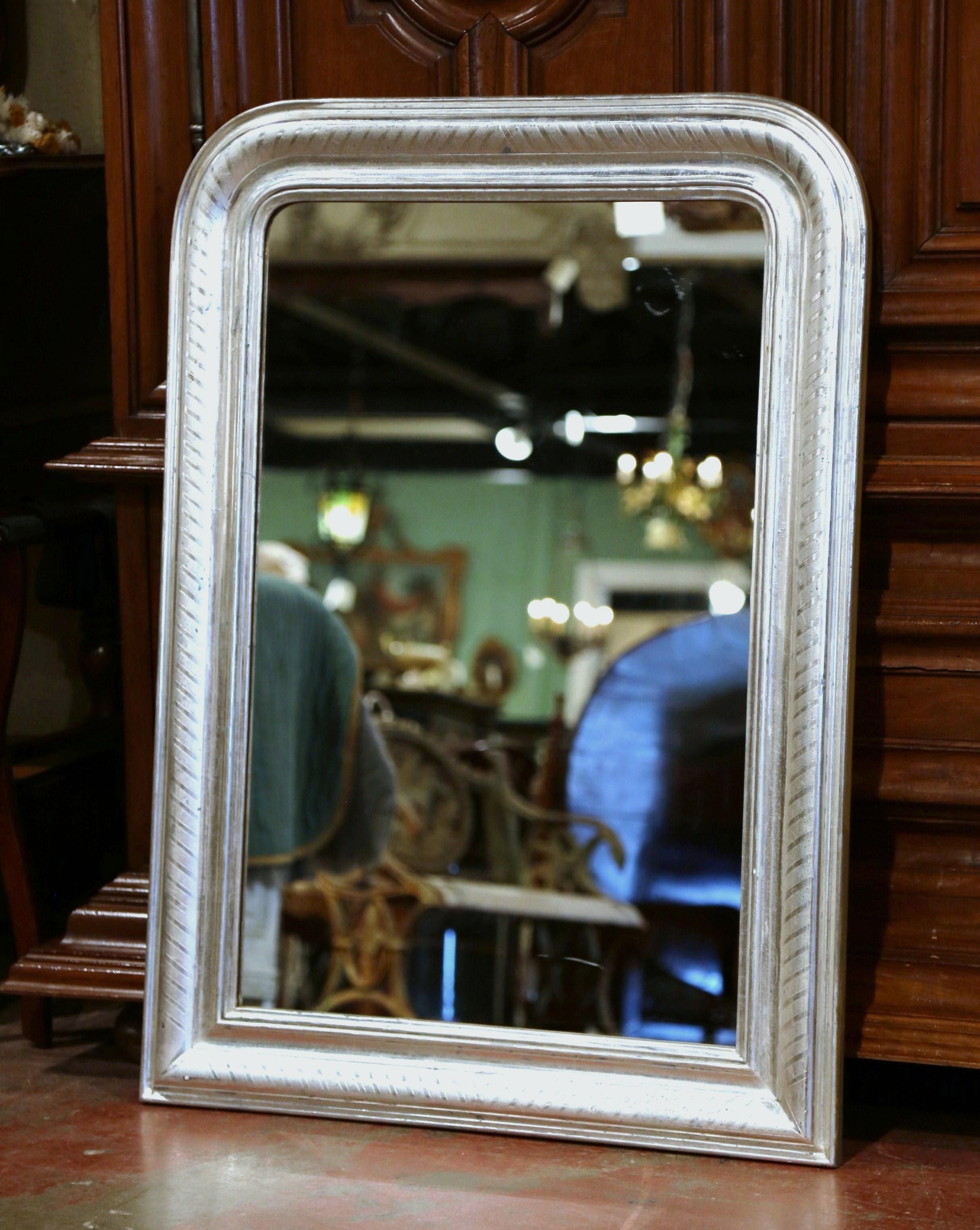 Hand-Crafted Midcentury French Louis Philippe Silver Leaf Mirror with Engraved Stripe Decor