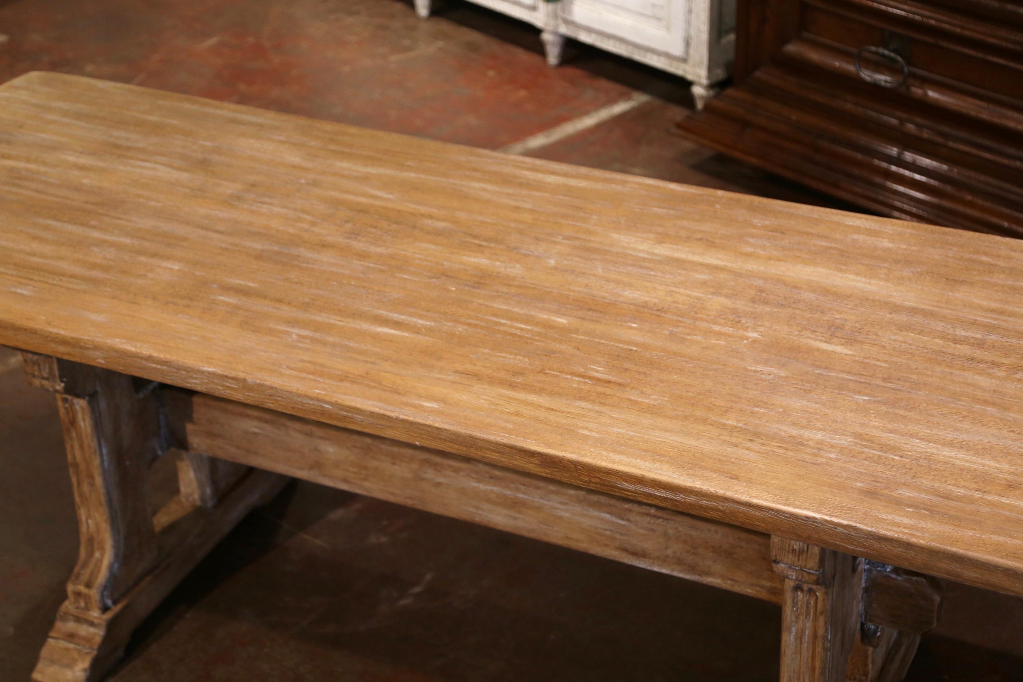 Mid-Century French Louis XIII Carved Bleached Oak Trestle Dining Table In Excellent Condition In Dallas, TX