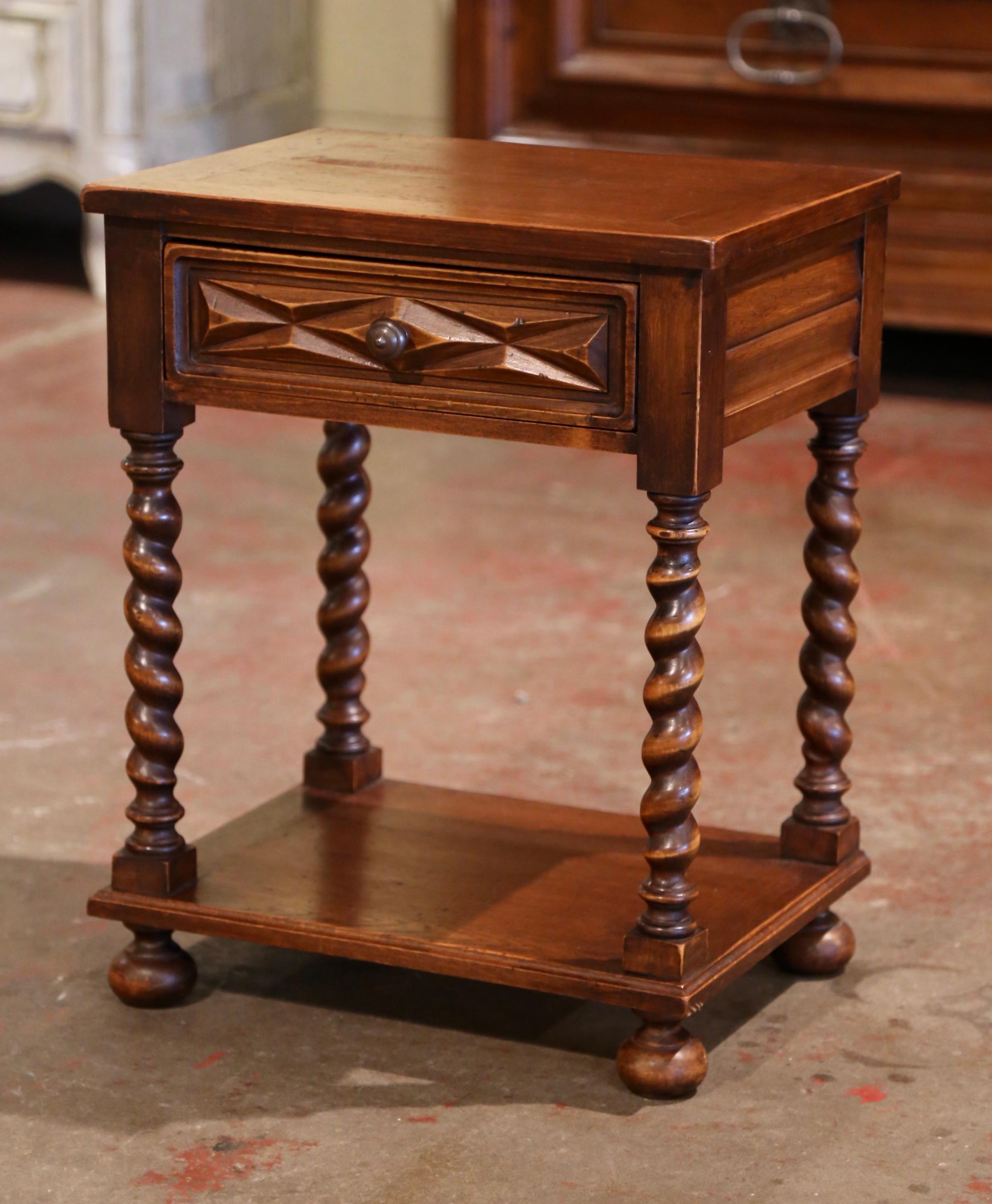 Midcentury French Louis XIII Carved Oak Barley Twist Side Table with Drawer In Excellent Condition In Dallas, TX