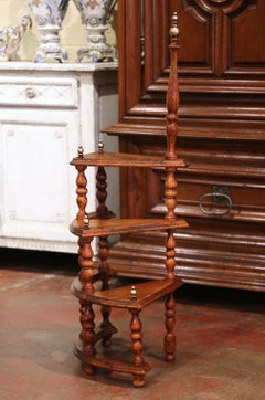 Mid-Century French Louis XIII Carved Walnut and Brass Spiral Library Step Ladder