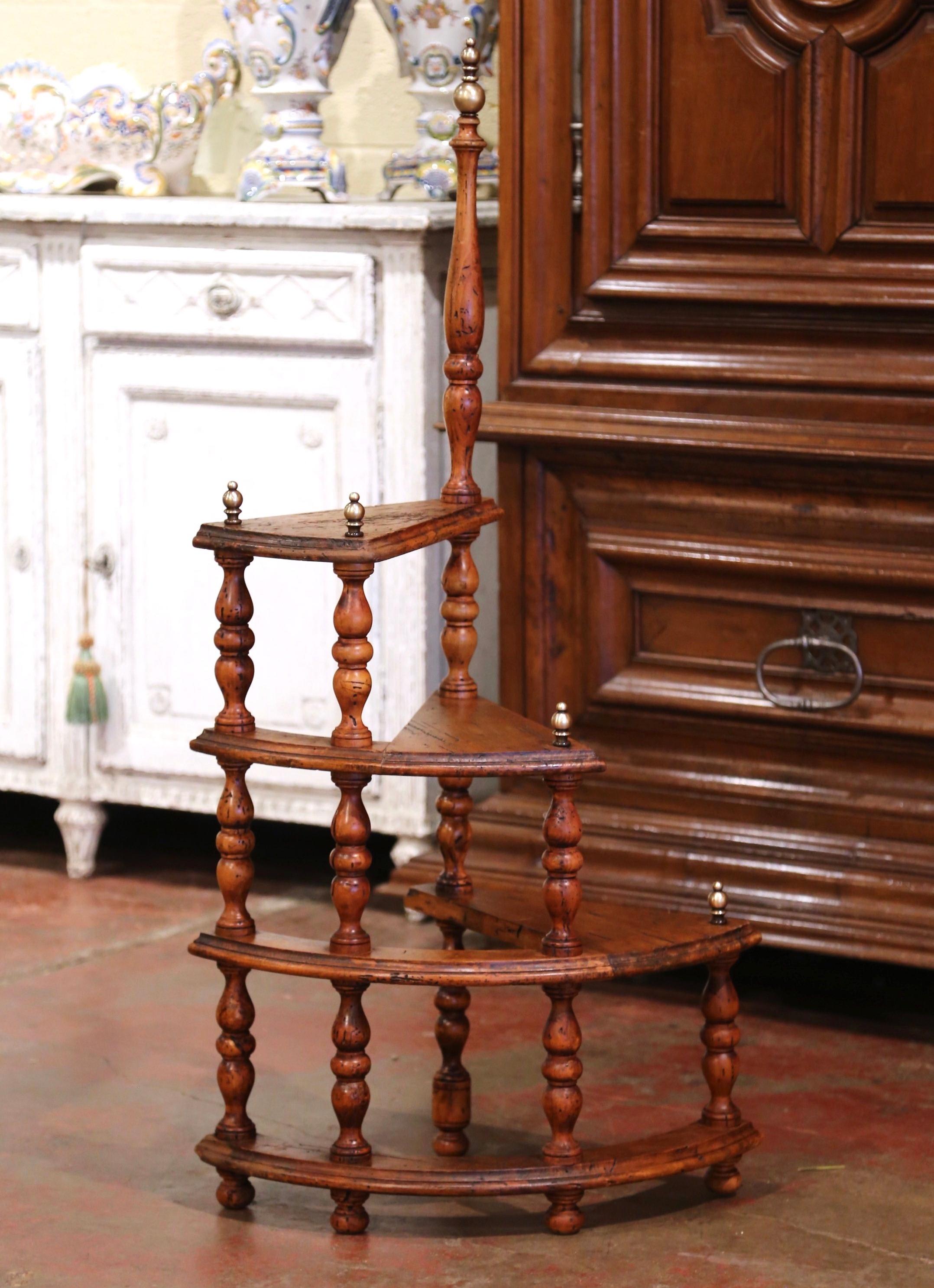 Hand-Carved Mid-Century French Louis XIII Carved Walnut and Brass Spiral Library Step Ladder