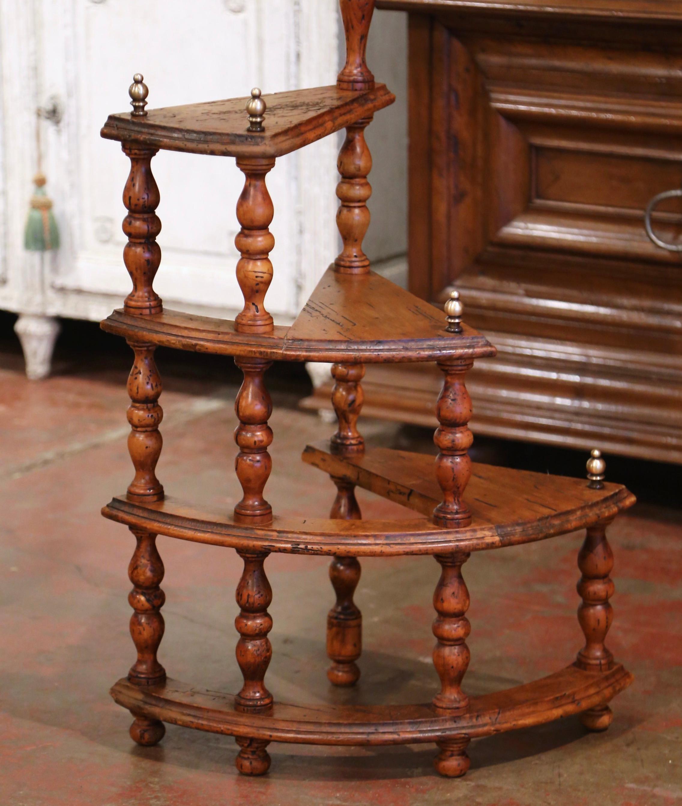 Mid-Century French Louis XIII Carved Walnut and Brass Spiral Library Step Ladder 4