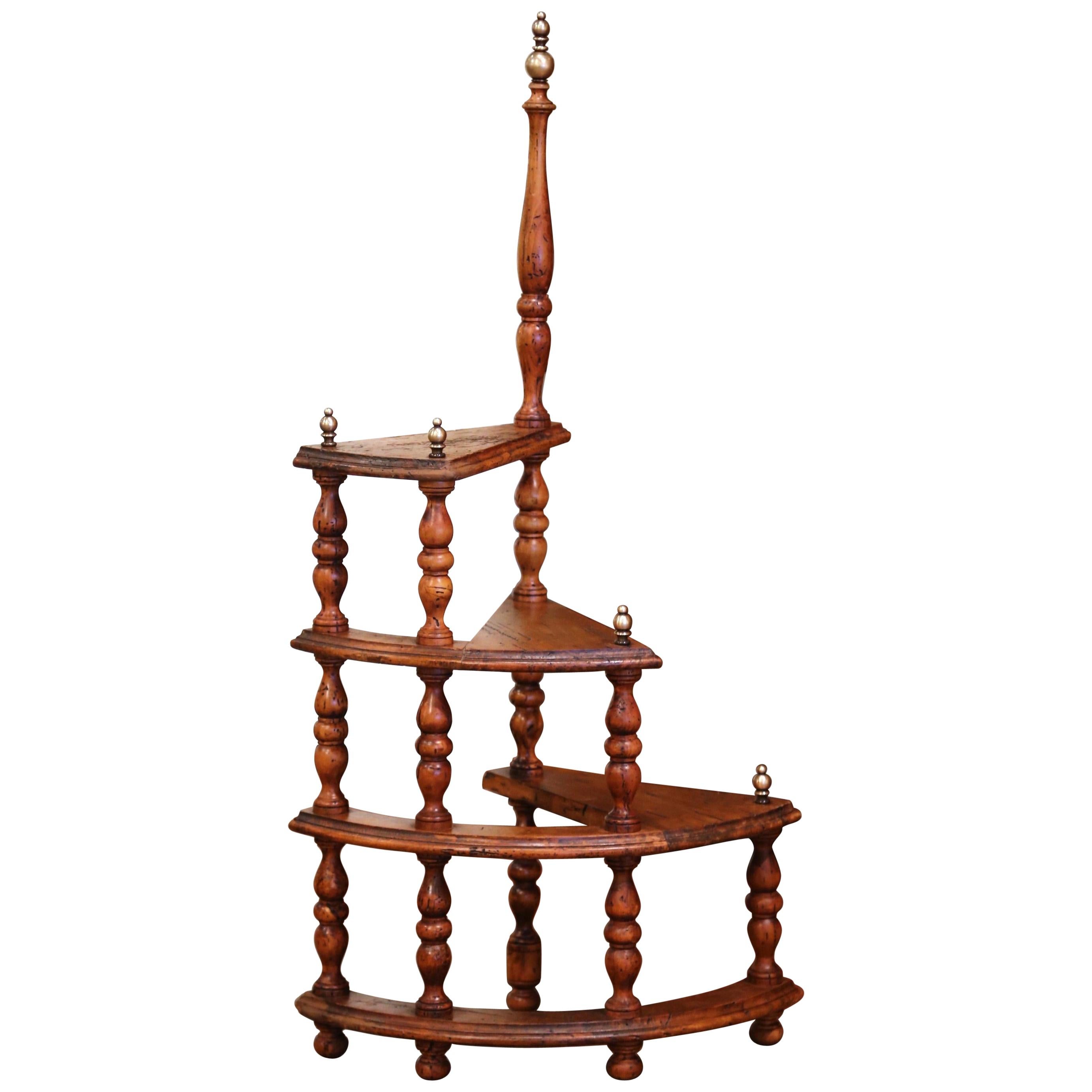 Mid-Century French Louis XIII Carved Walnut and Brass Spiral Library Step Ladder