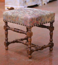 Mid-Century French Louis XIII Style Beechwood Upholstered Stool