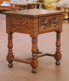 Mid-Century French Louis XIII Style Carved Oak Side Table with Drawer