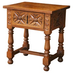 Mid-Century French Louis XIII Style Carved Oak Side Table with Drawer