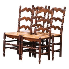 Mid-Century French Louis XIII Walnut and Rush Ladder Back Chairs Set of Four