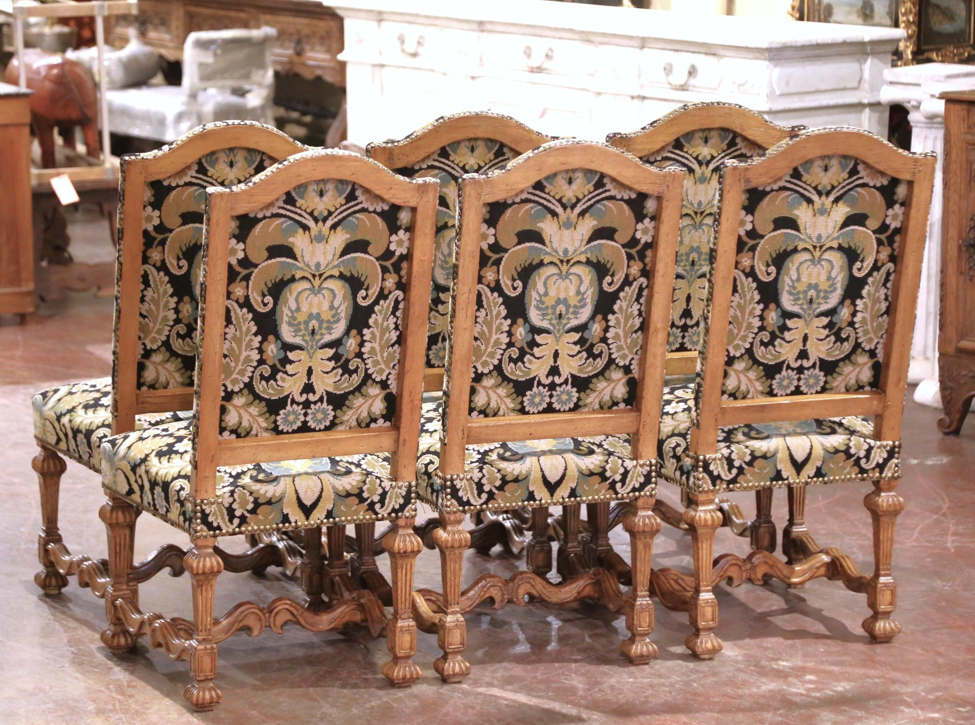 Mid-Century French Louis XIV Carved Oak Upholstered Dining Chairs, Set of Six For Sale 4