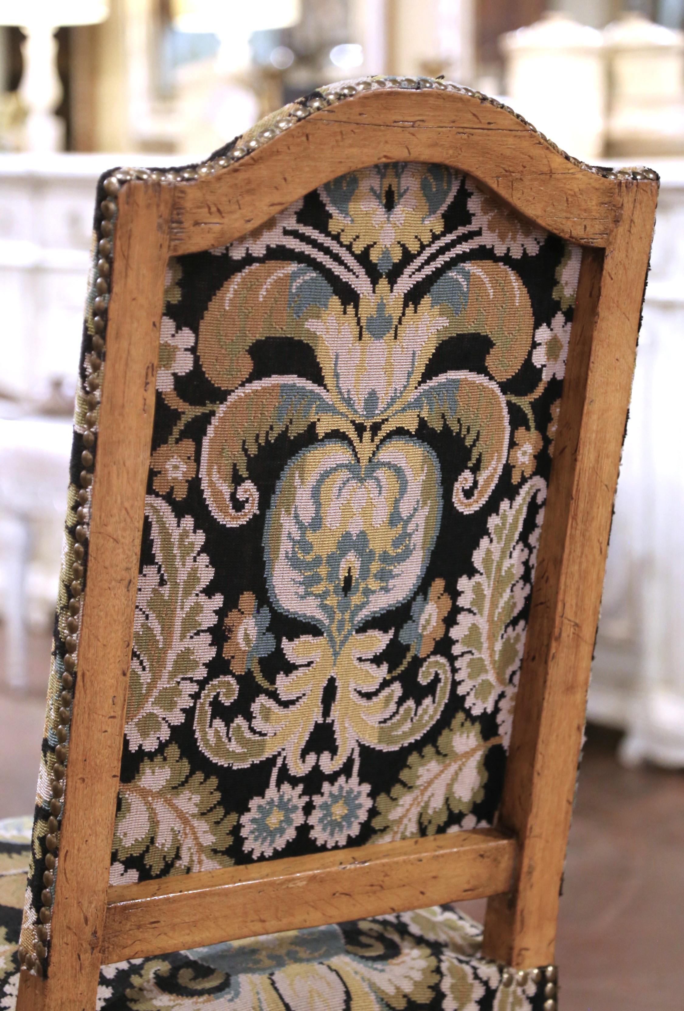 Mid-Century French Louis XIV Carved Oak Upholstered Dining Chairs, Set of Six For Sale 5