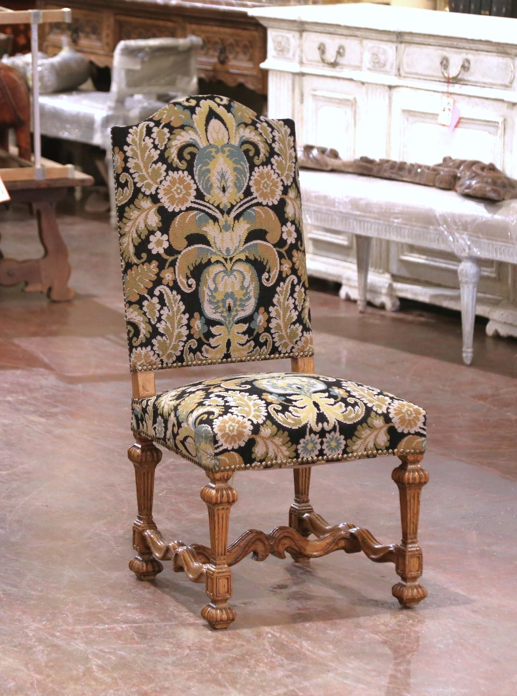 Hand-Carved Mid-Century French Louis XIV Carved Oak Upholstered Dining Chairs, Set of Six For Sale