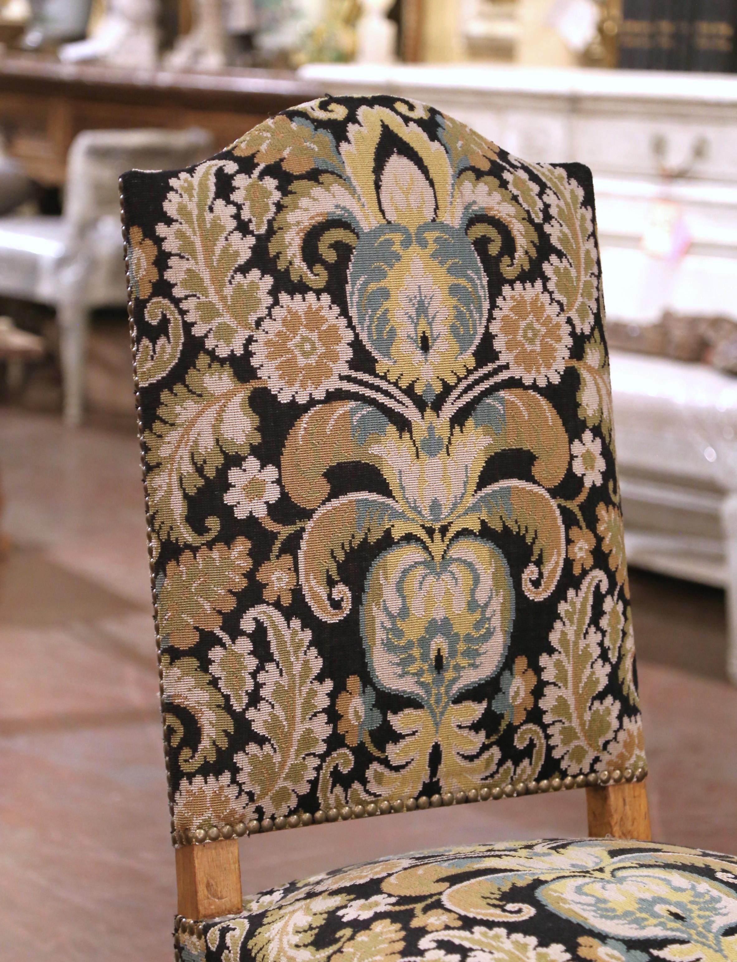 20th Century Mid-Century French Louis XIV Carved Oak Upholstered Dining Chairs, Set of Six For Sale