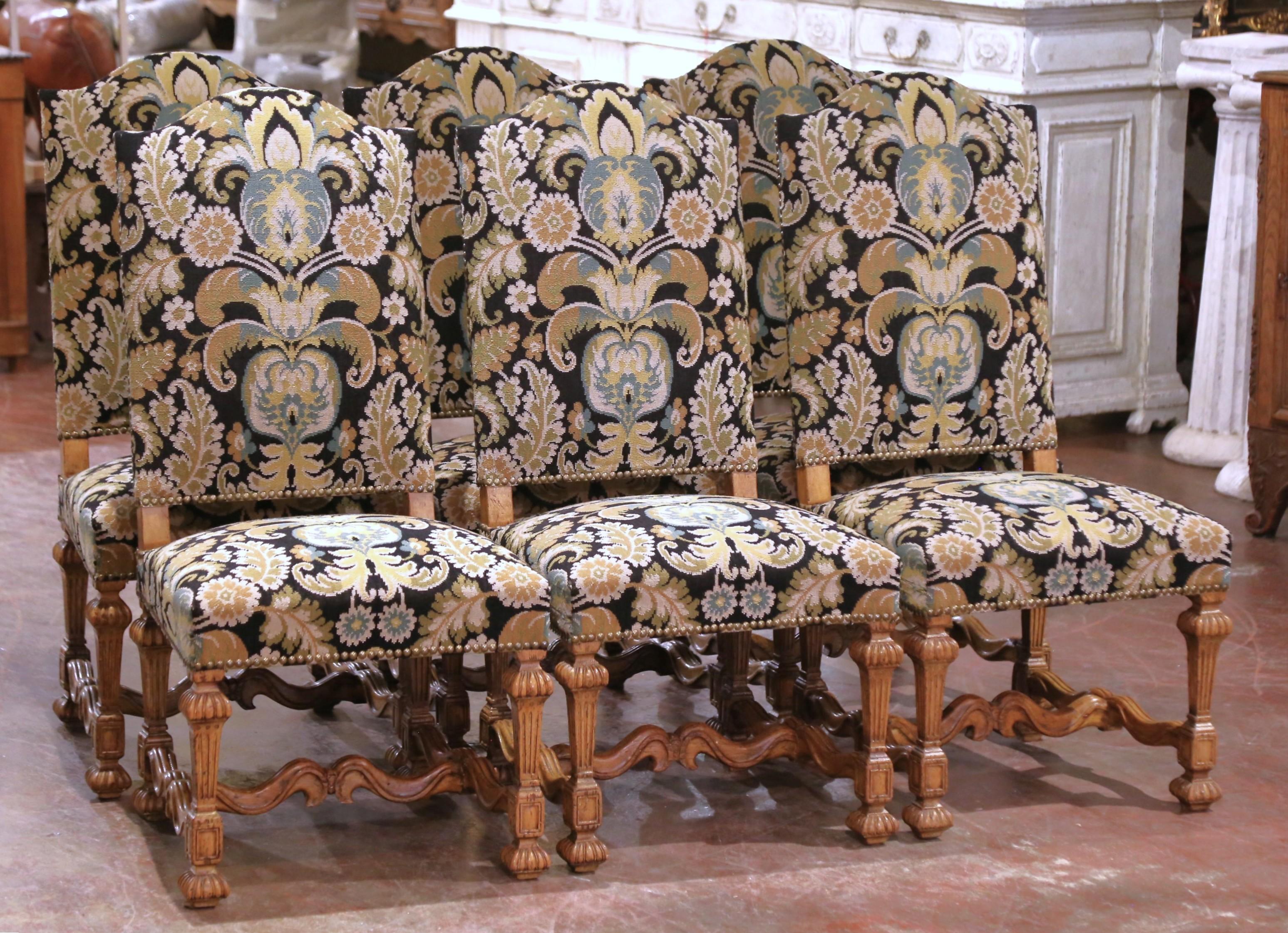 Fabric Mid-Century French Louis XIV Carved Oak Upholstered Dining Chairs, Set of Six For Sale