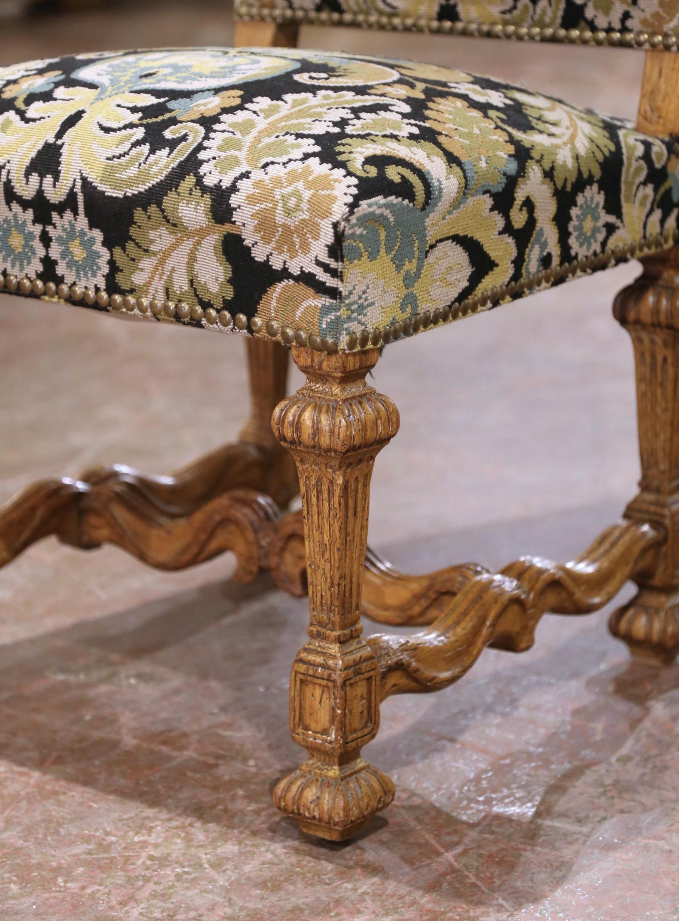 Mid-Century French Louis XIV Carved Oak Upholstered Dining Chairs, Set of Six For Sale 1