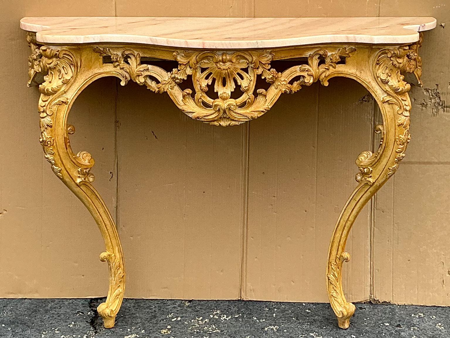 Mid-Century French Louis XiV Style Carved Pine Console Table W/ Pink Marble Top For Sale 4