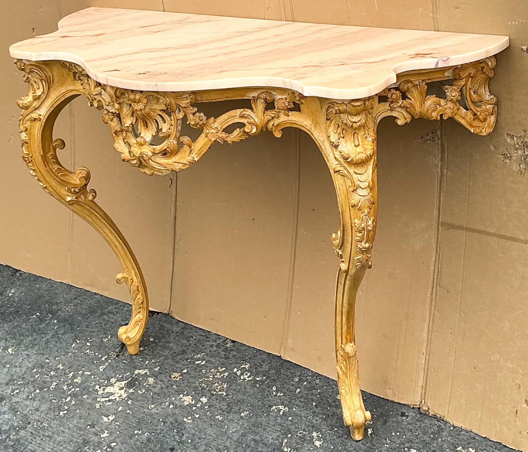 Mid-Century French Louis XiV Style Carved Pine Console Table W/ Pink Marble Top For Sale 5