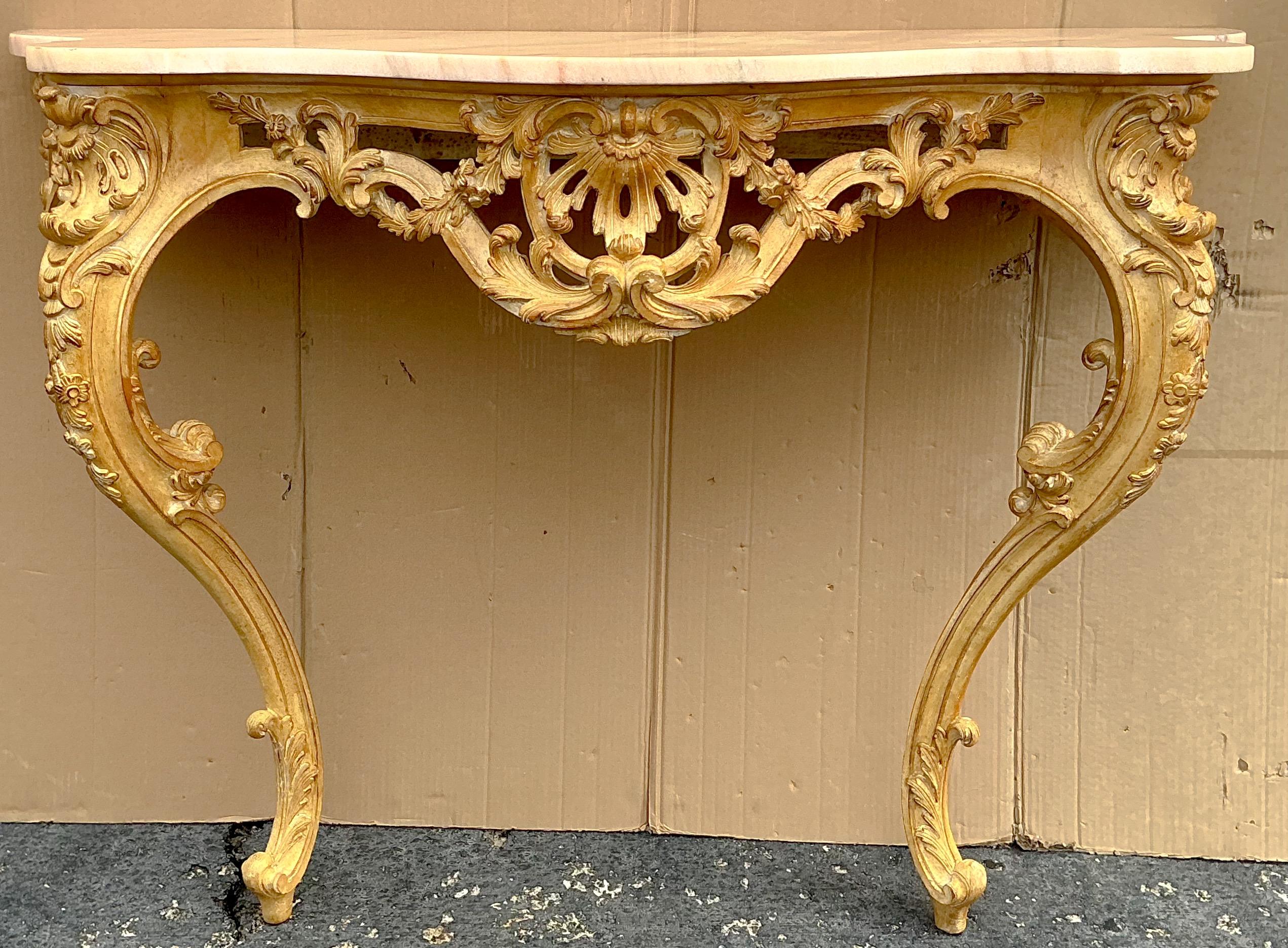 Mid-Century French Louis XiV Style Carved Pine Console Table W/ Pink Marble Top For Sale 6