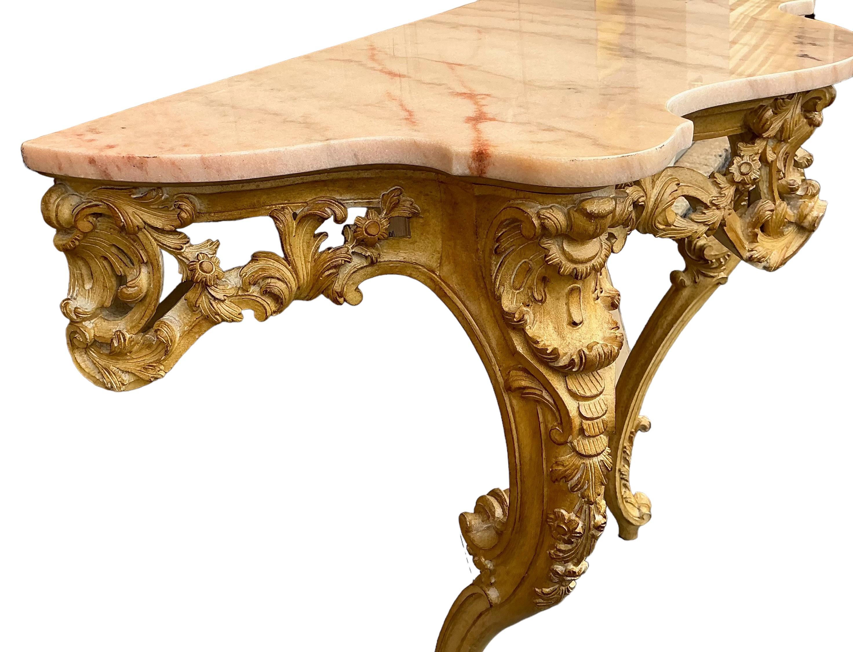 Mid-Century French Louis XiV Style Carved Pine Console Table W/ Pink Marble Top For Sale 7