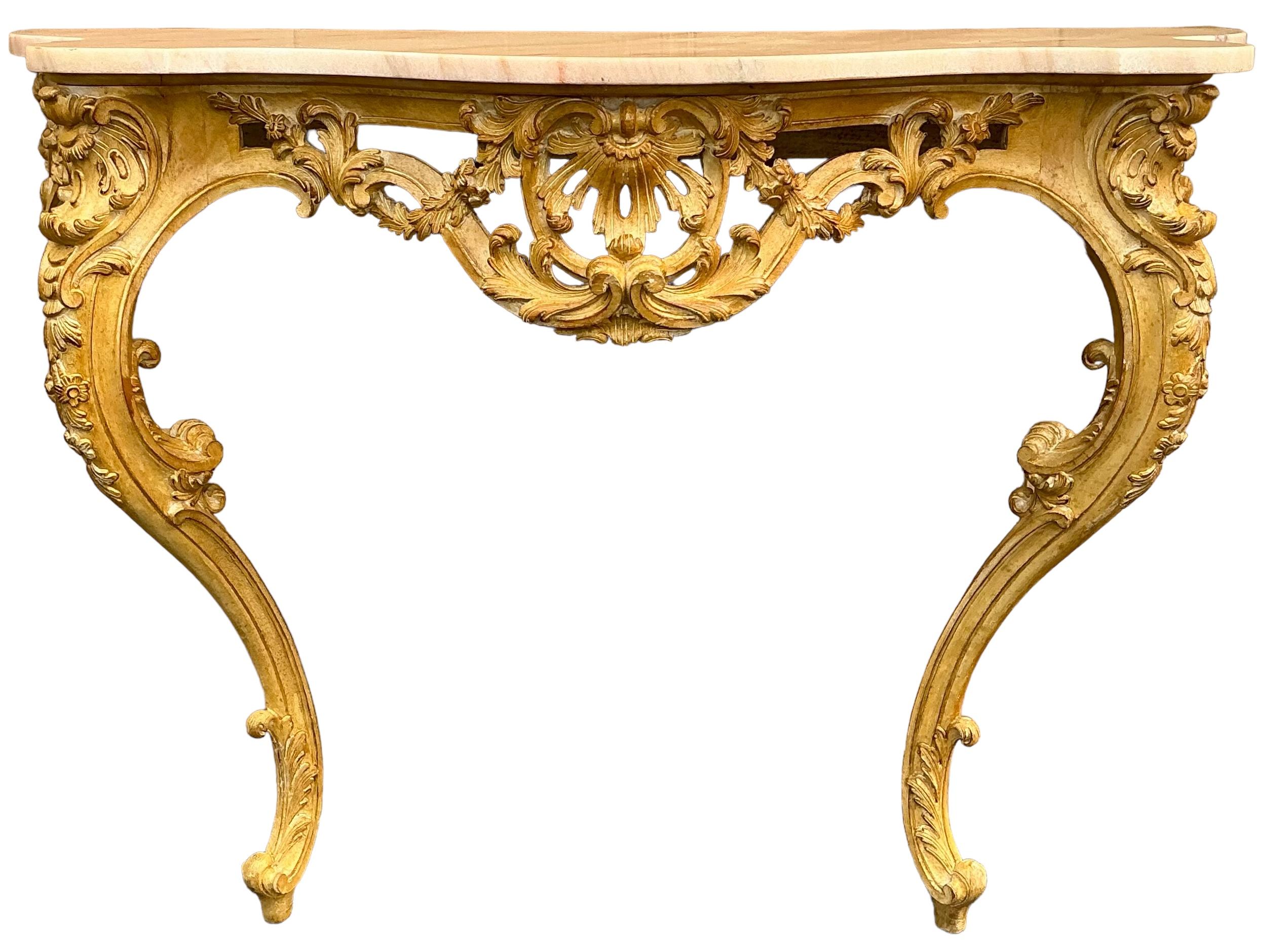 Mid-Century French Louis XiV Style Carved Pine Console Table W/ Pink Marble Top For Sale 8