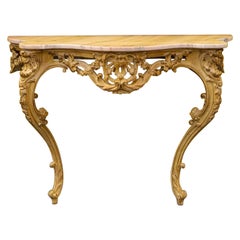 Mid-Century French Louis XiV Style Carved Pine Console Table W/ Pink Marble Top