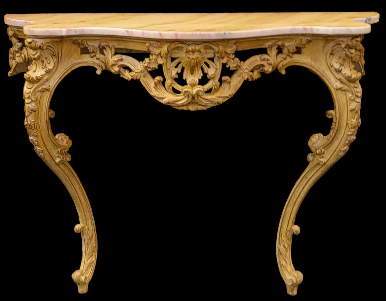 Italian Mid-Century French Louis XiV Style Carved Pine Console Table W/ Pink Marble Top For Sale