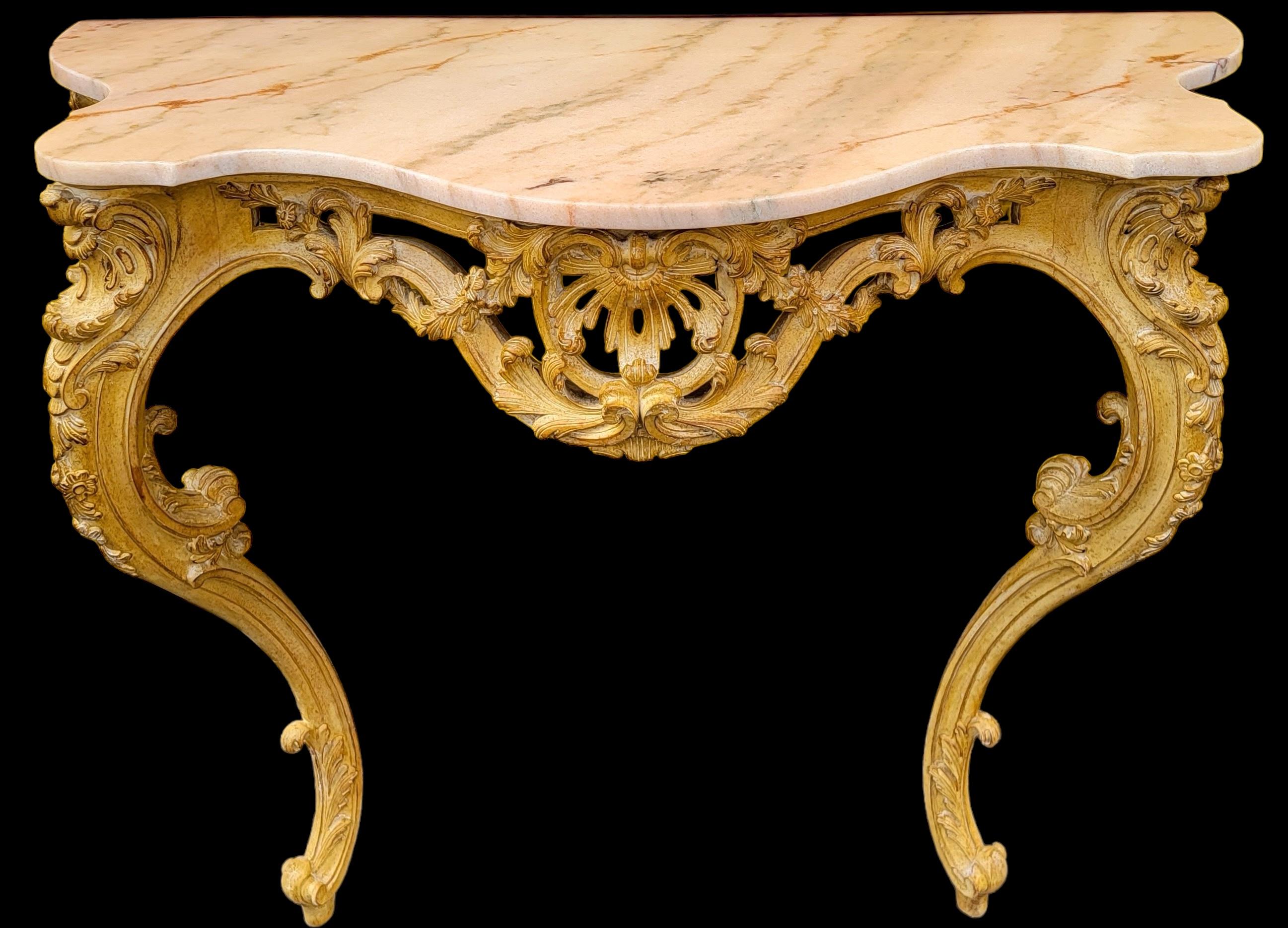 Mid-Century French Louis XiV Style Carved Pine Console Table W/ Pink Marble Top In Good Condition For Sale In Kennesaw, GA
