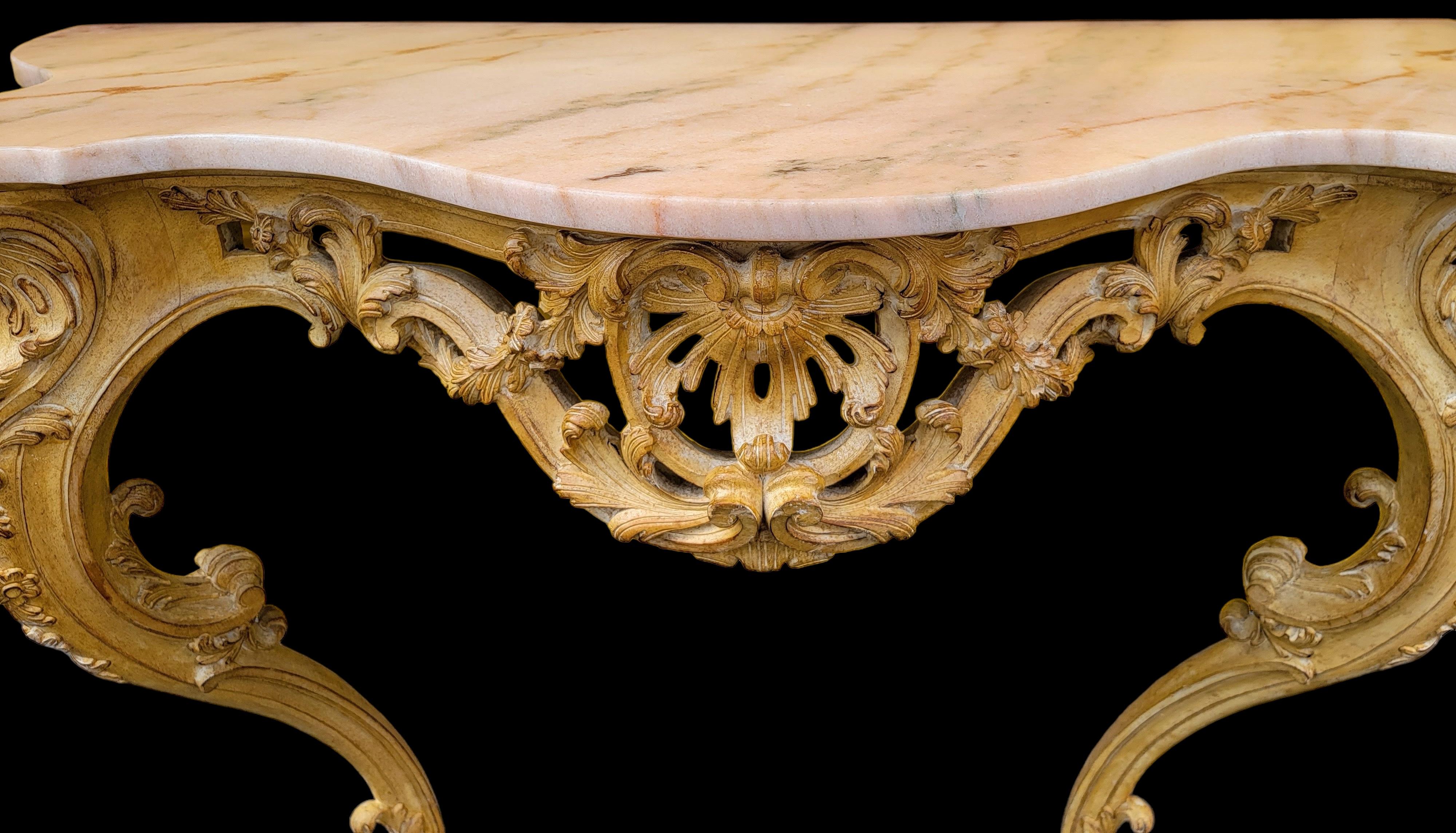 20th Century Mid-Century French Louis XiV Style Carved Pine Console Table W/ Pink Marble Top For Sale