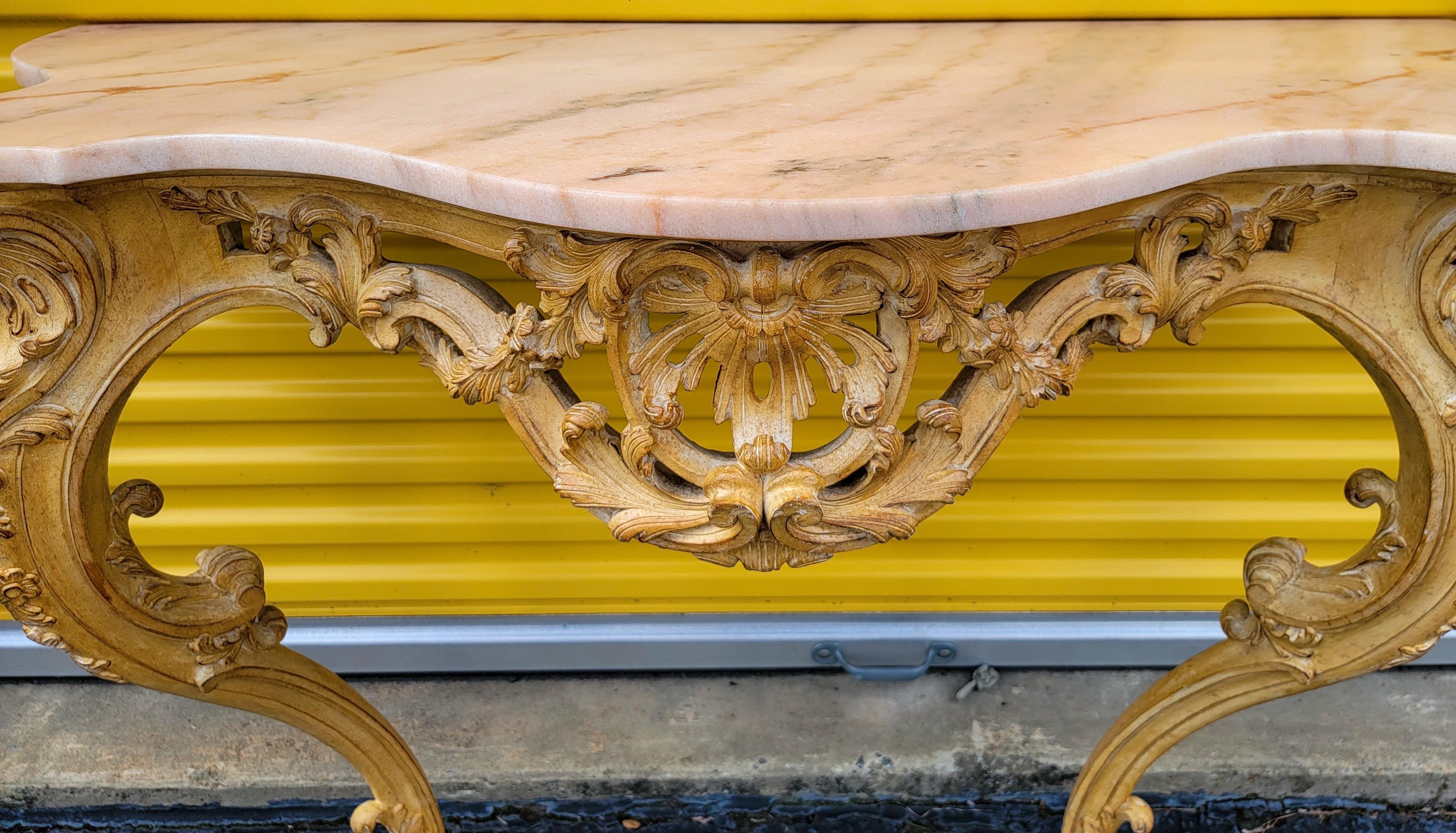 Mid-Century French Louis XiV Style Carved Pine Console Table W/ Pink Marble Top For Sale 1